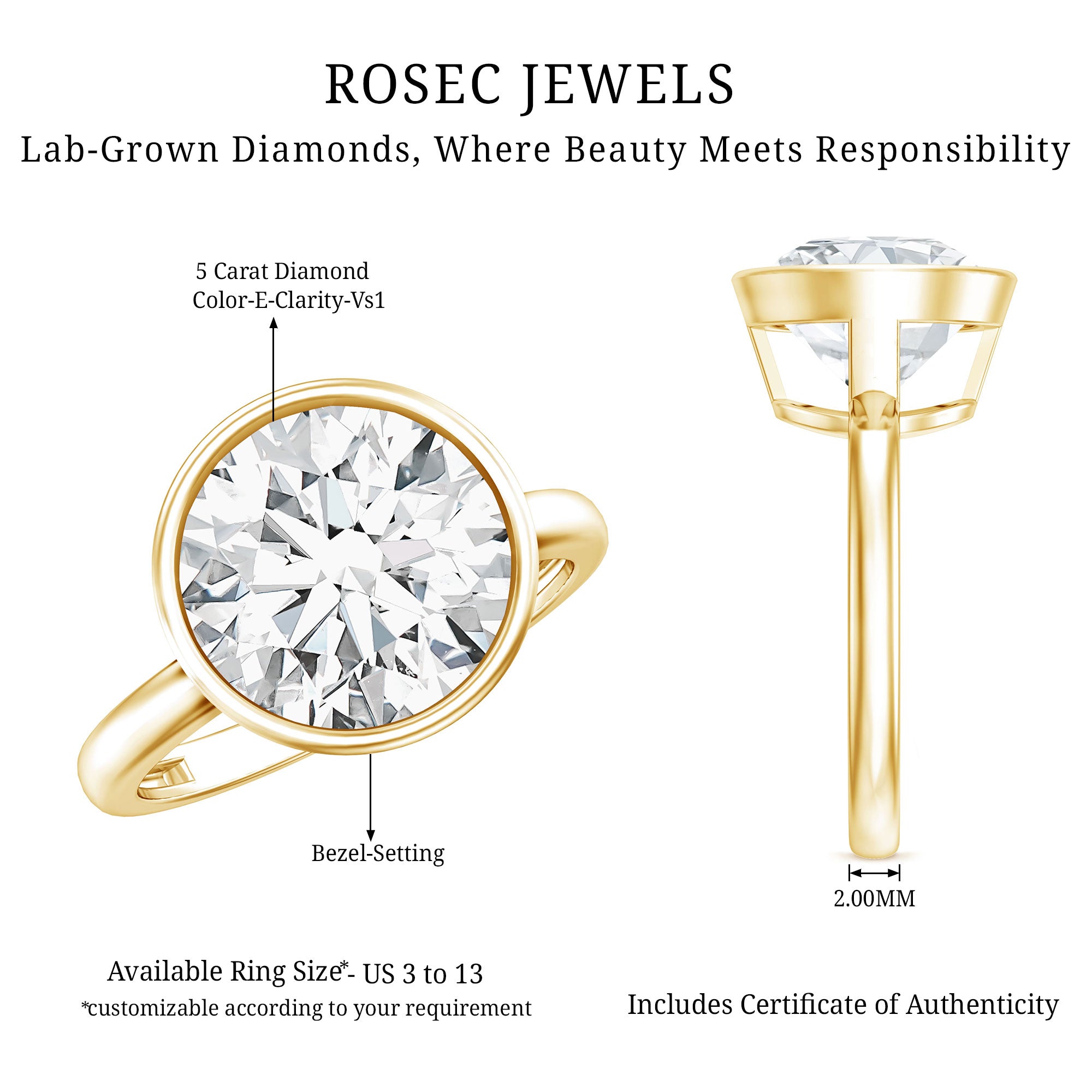 IGI Certified 5 Carat Lab Grown Diamond Bezel Set Engagement Ring Lab - ( E-VS1 ) - Rosec Jewels