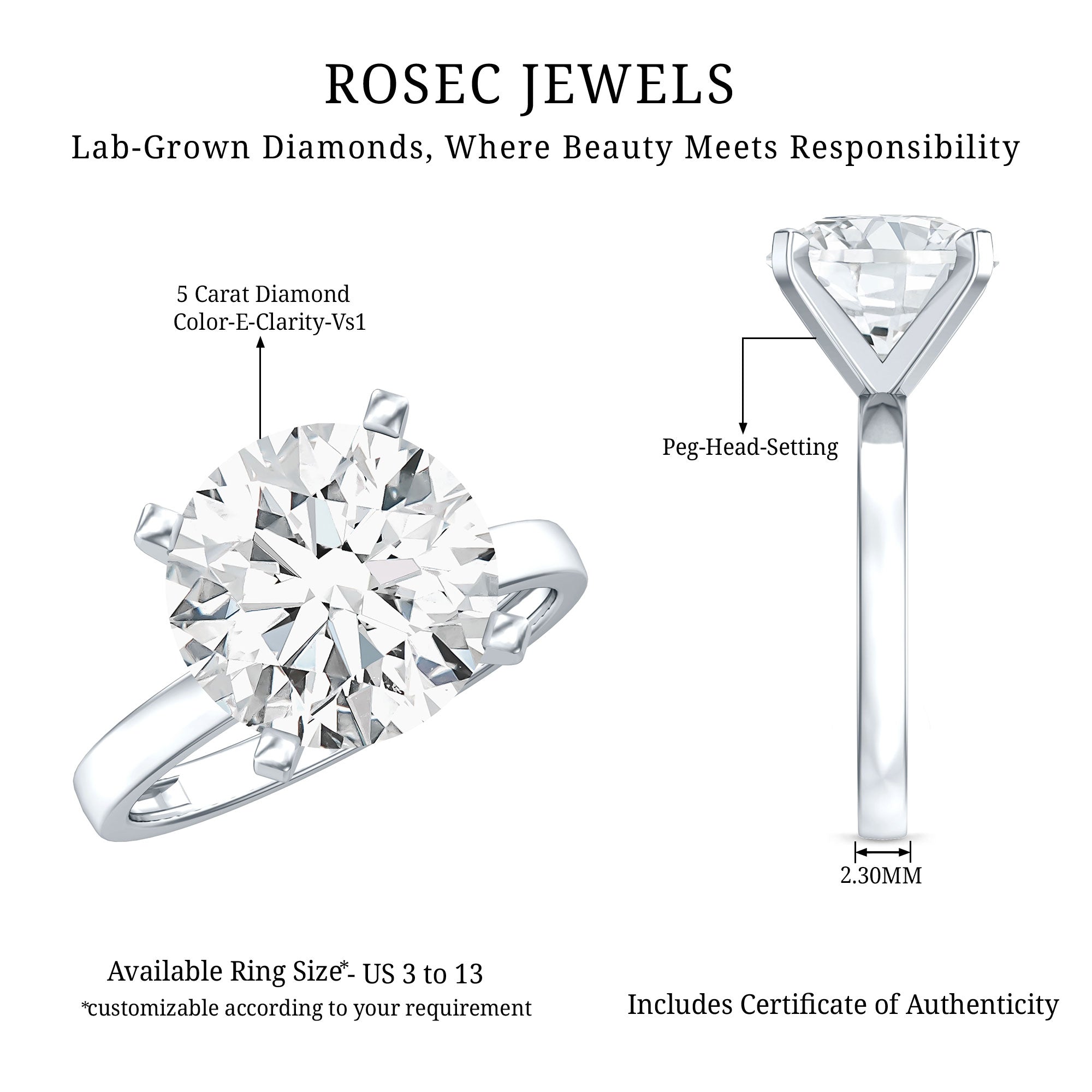 IGI Certified 5 CT Lab Grown Diamond Big Engagement Ring Lab - ( E-VS1 ) - Rosec Jewels