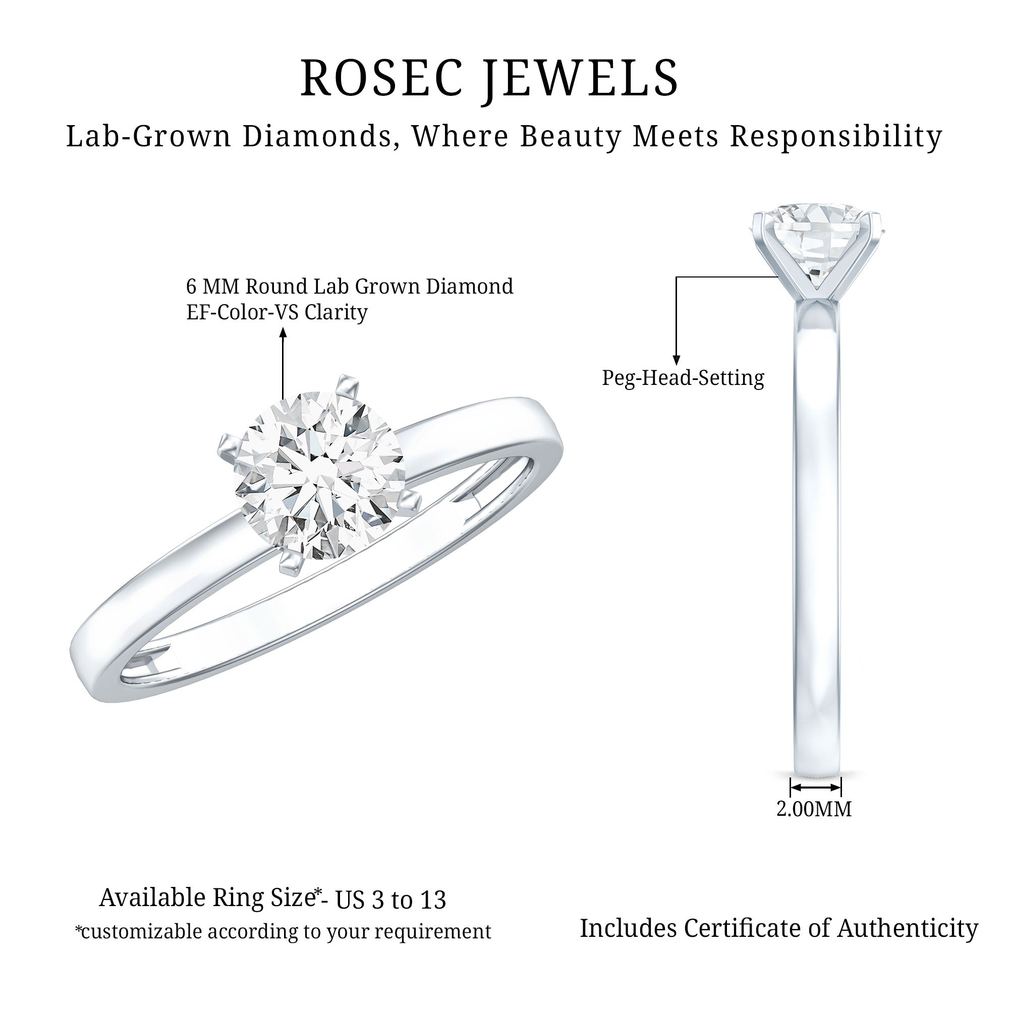 Peg Head Set 1 Carat Lab Grown Diamond Solitaire Ring with IGI Certificate Lab - ( E-VS1 ) - Rosec Jewels