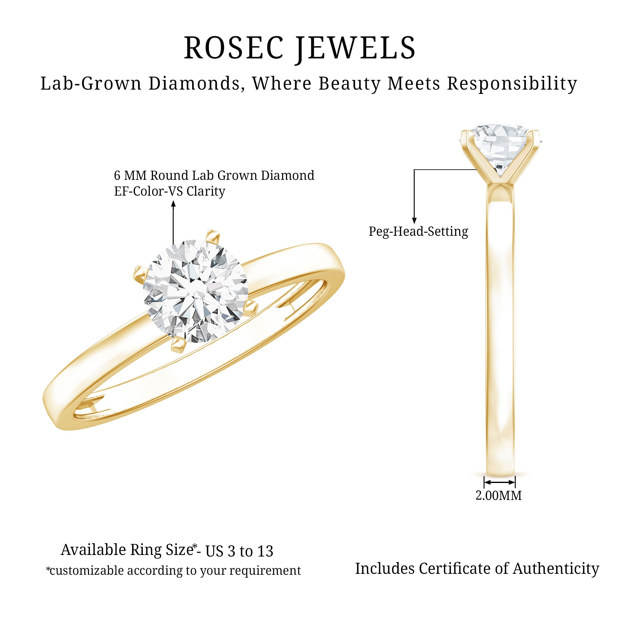 Peg Head Set 1 Carat Lab Grown Diamond Solitaire Ring with IGI Certificate Lab - ( E-VS1 ) - Rosec Jewels