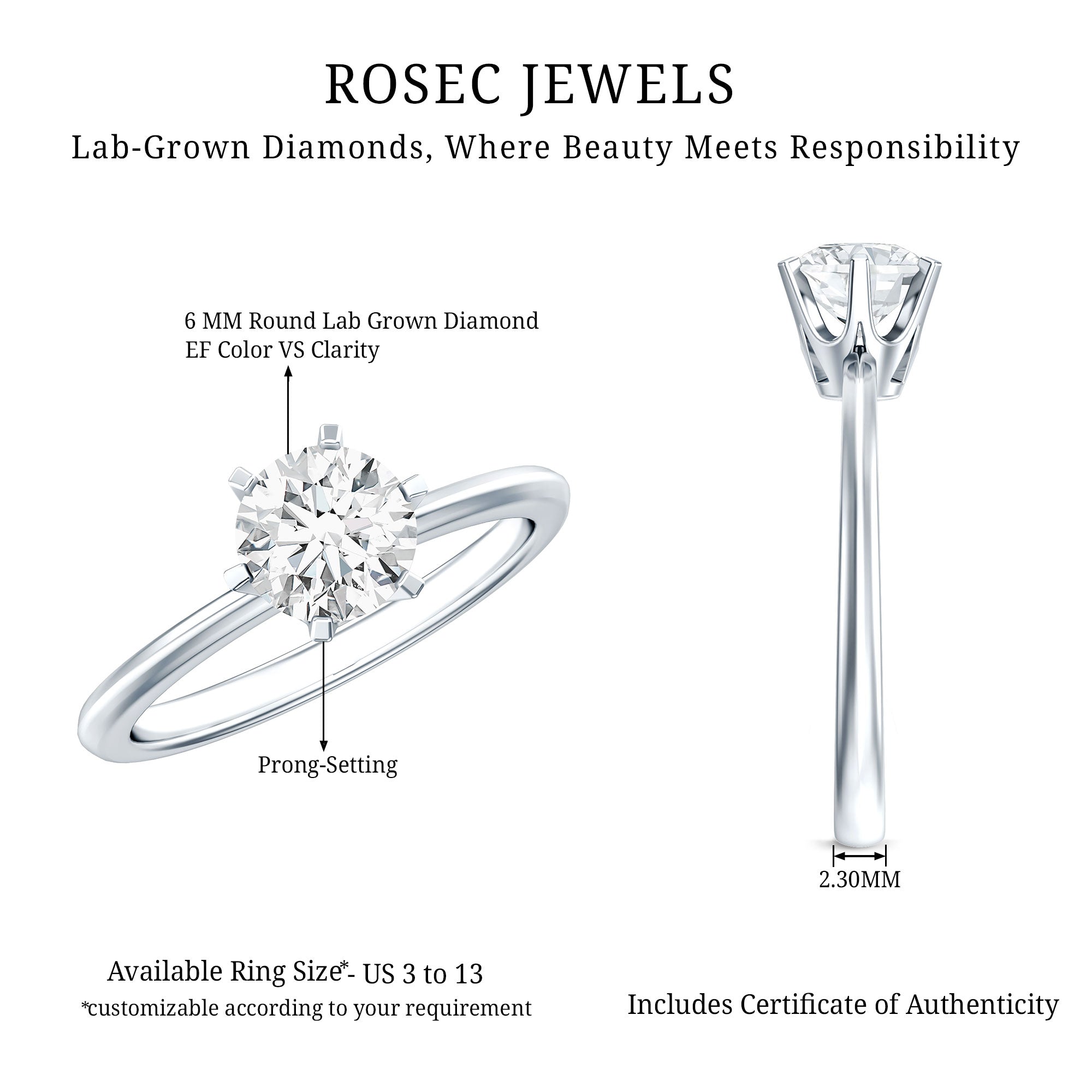 1 Carat Lab Grown Diamond Solitaire Engagement Ring with IGI Certificate Lab - ( E-VS1 ) - Rosec Jewels