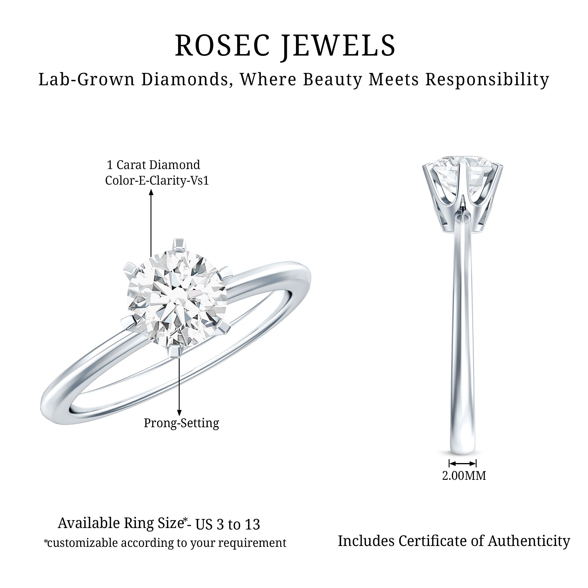 1 Carat Lab Grown Diamond Solitaire Engagement Ring with IGI Certificate Lab - ( E-VS1 ) - Rosec Jewels