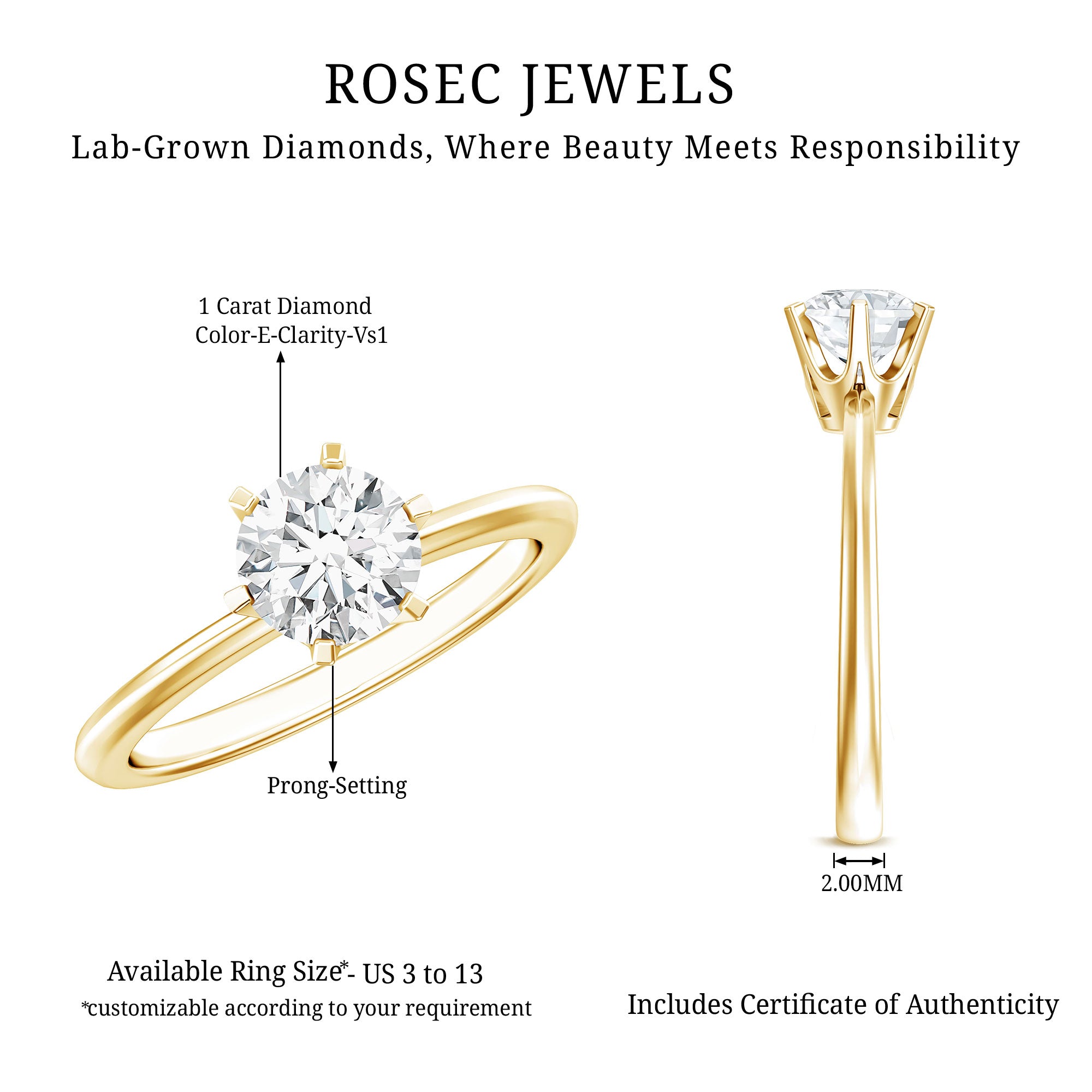 1 Carat Lab Grown Diamond Solitaire Engagement Ring with IGI Certificate Lab - ( E-VS1 ) - Rosec Jewels