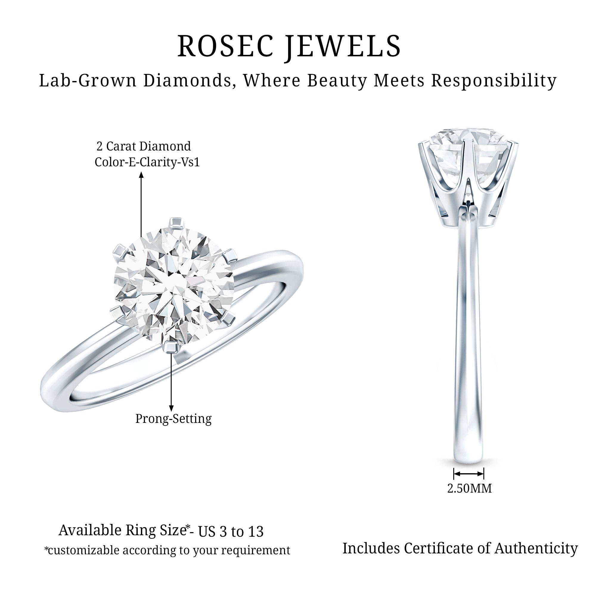 IGI Certified Lab Grown Diamond 2 CT Engagement Ring for Women Lab - ( E-VS1 ) - Rosec Jewels