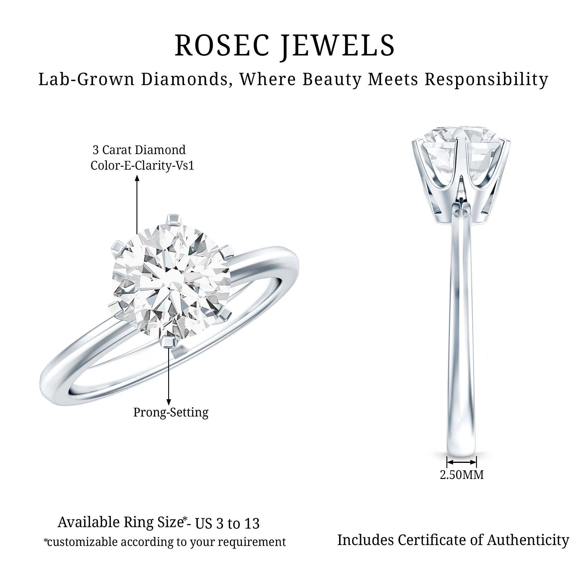 3 Carat IGI Certified Lab Grown Diamond Round Engagement Ring Lab - ( E-VS1 ) - Rosec Jewels