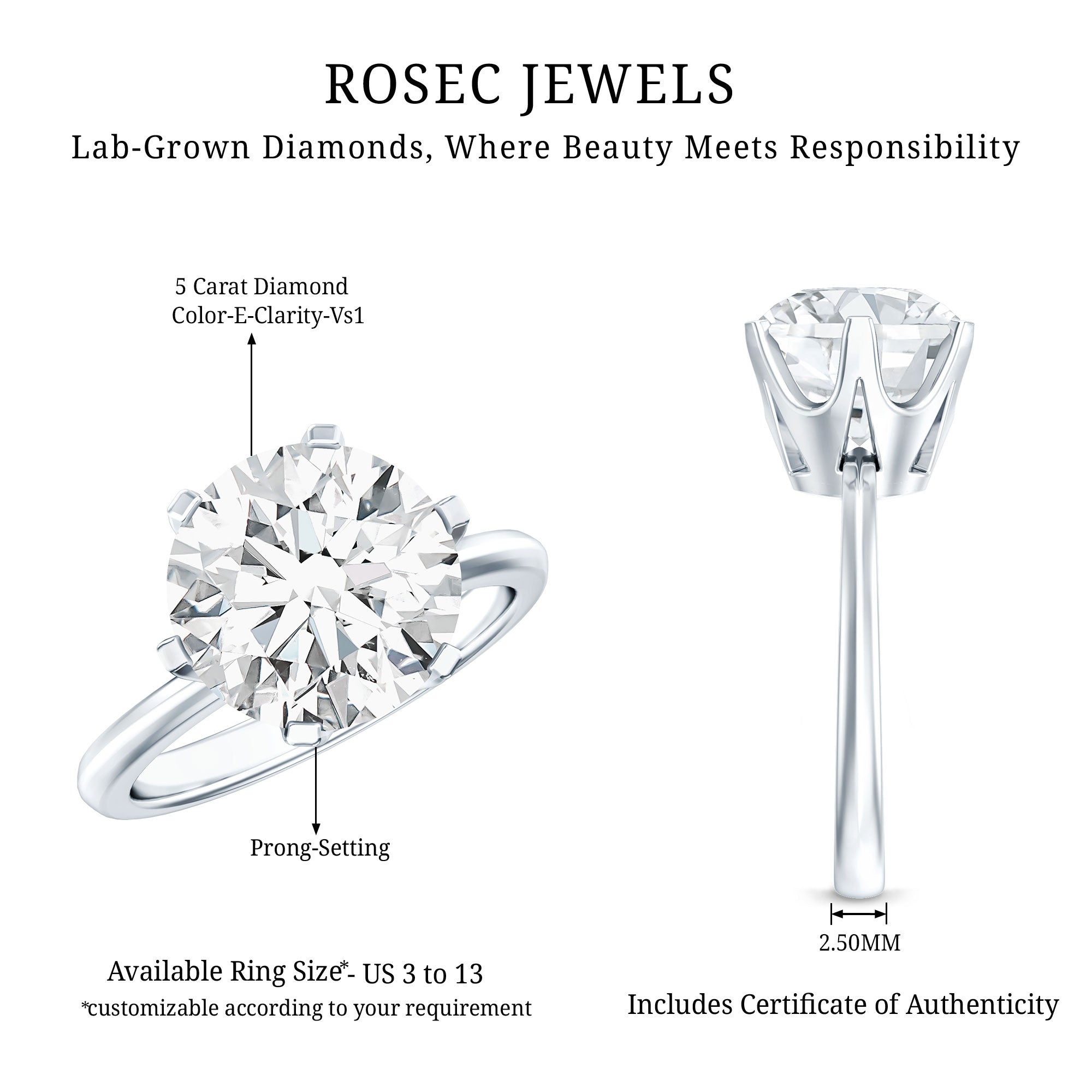 IGI Certified 5 Carat Lab Grown Diamond Solitaire Engagement Ring Lab - ( E-VS1 ) - Rosec Jewels