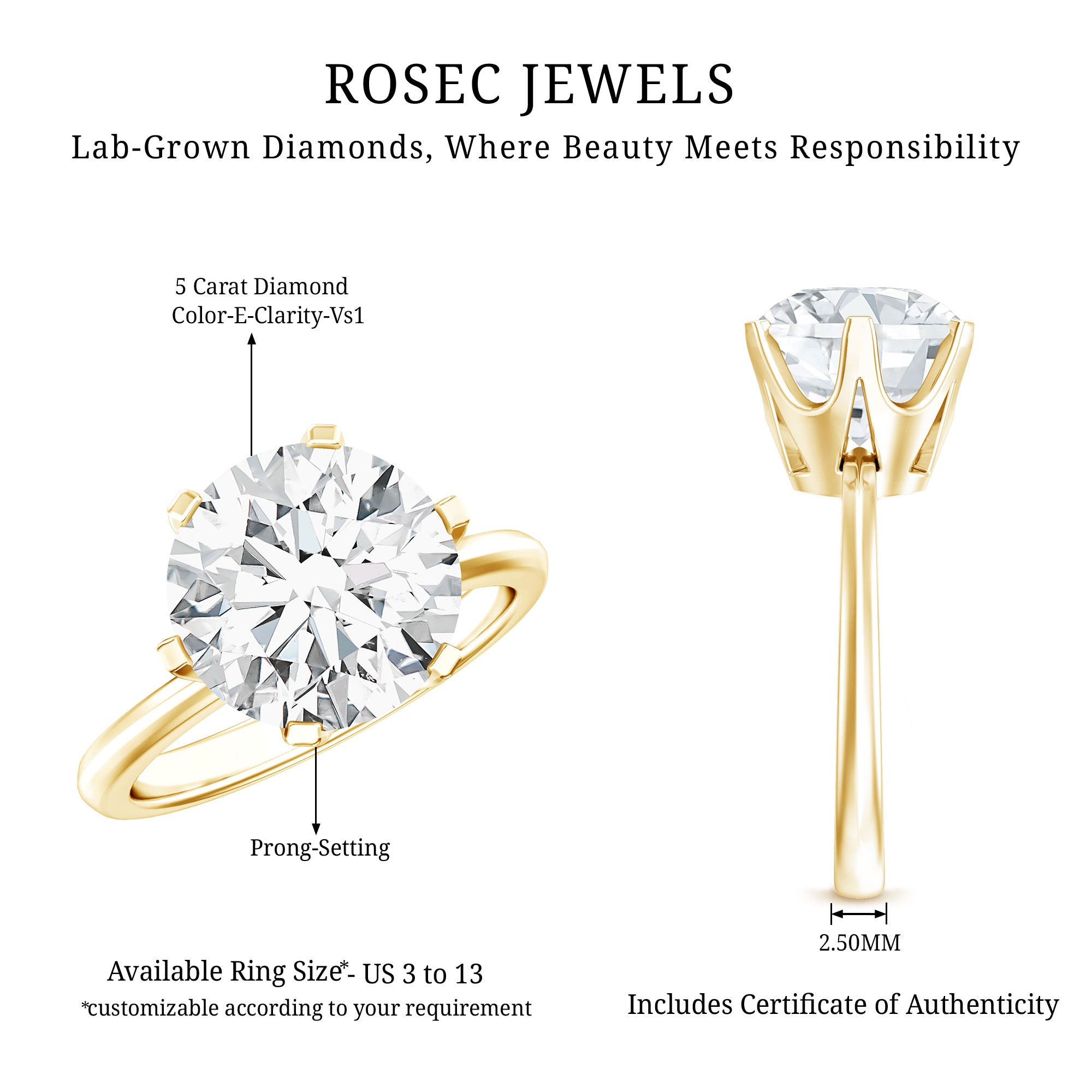 IGI Certified 5 Carat Lab Grown Diamond Solitaire Engagement Ring Lab - ( E-VS1 ) - Rosec Jewels