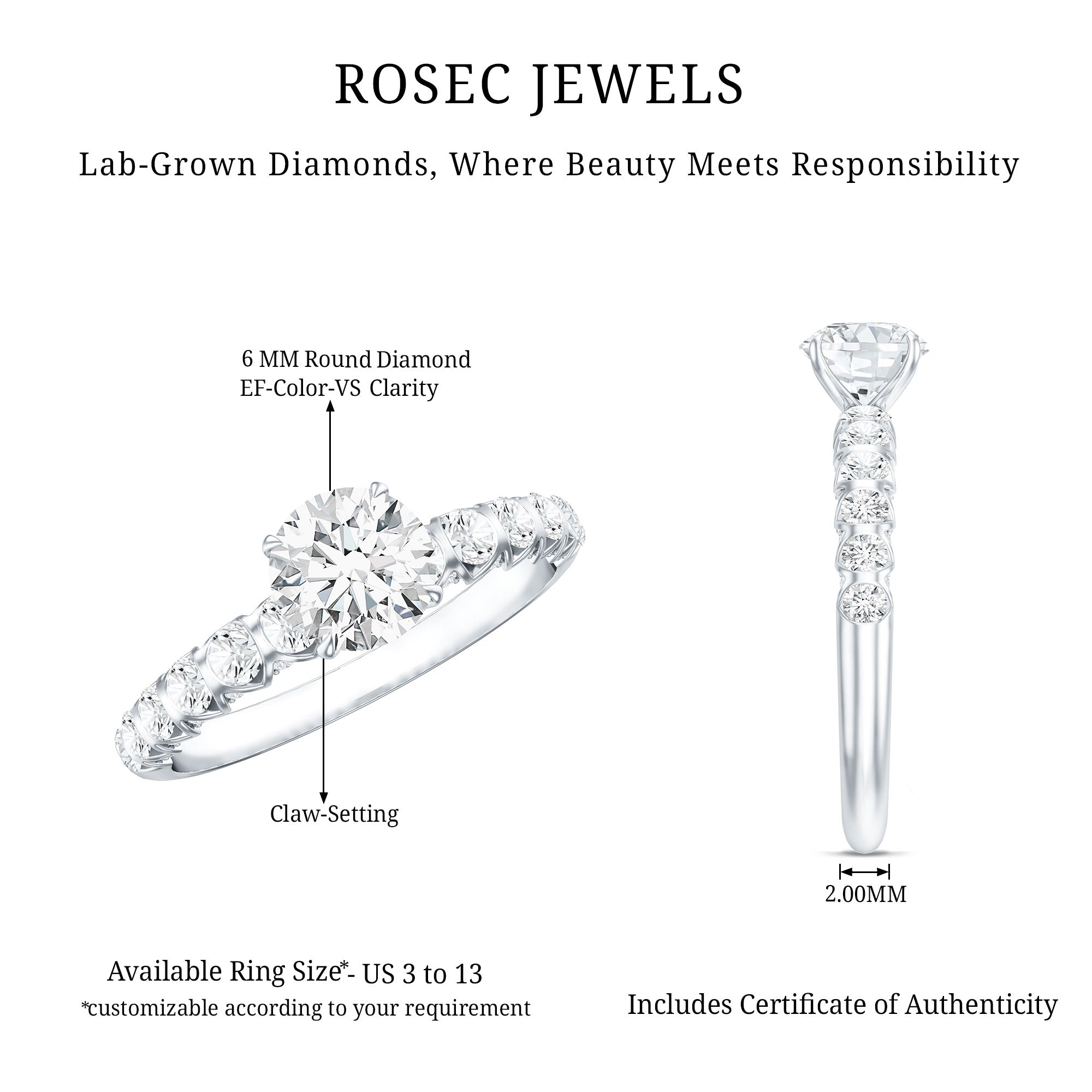 Rosec Jewels-IGI Certified Round Lab Grown Diamond Side Stone Engagement Ring