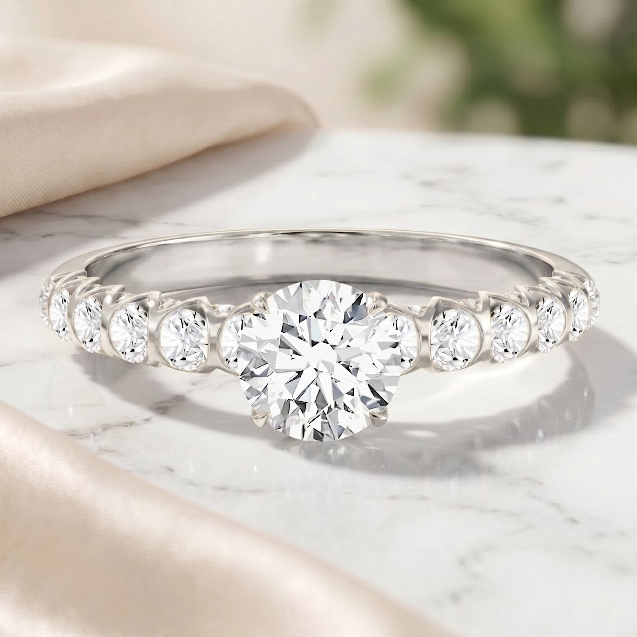 IGI Certified Round Lab Grown Diamond Side Stone Engagement Ring Lab - ( E-VS1 ) - Rosec Jewels
