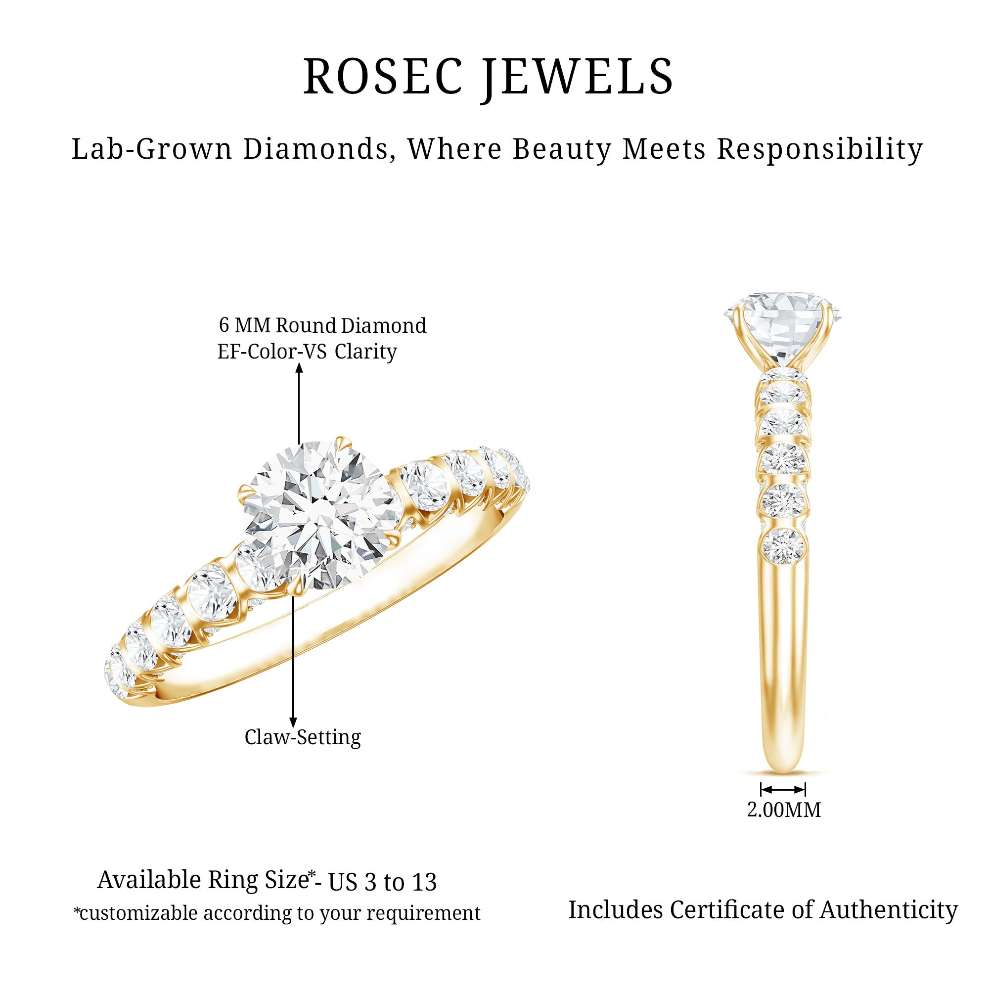 Rosec Jewels-IGI Certified Round Lab Grown Diamond Side Stone Engagement Ring