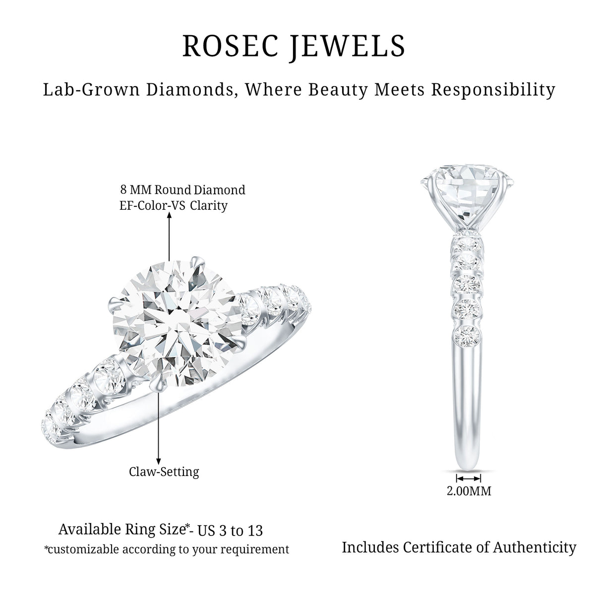 2 Carat Lab Grown Diamond Round Engagement Ring with IGI Certificate Lab - ( E-VS1 ) - Rosec Jewels