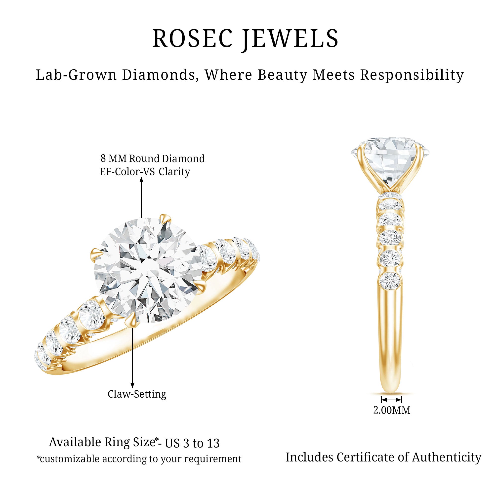 2 Carat Lab Grown Diamond Round Engagement Ring with IGI Certificate Lab - ( E-VS1 ) - Rosec Jewels