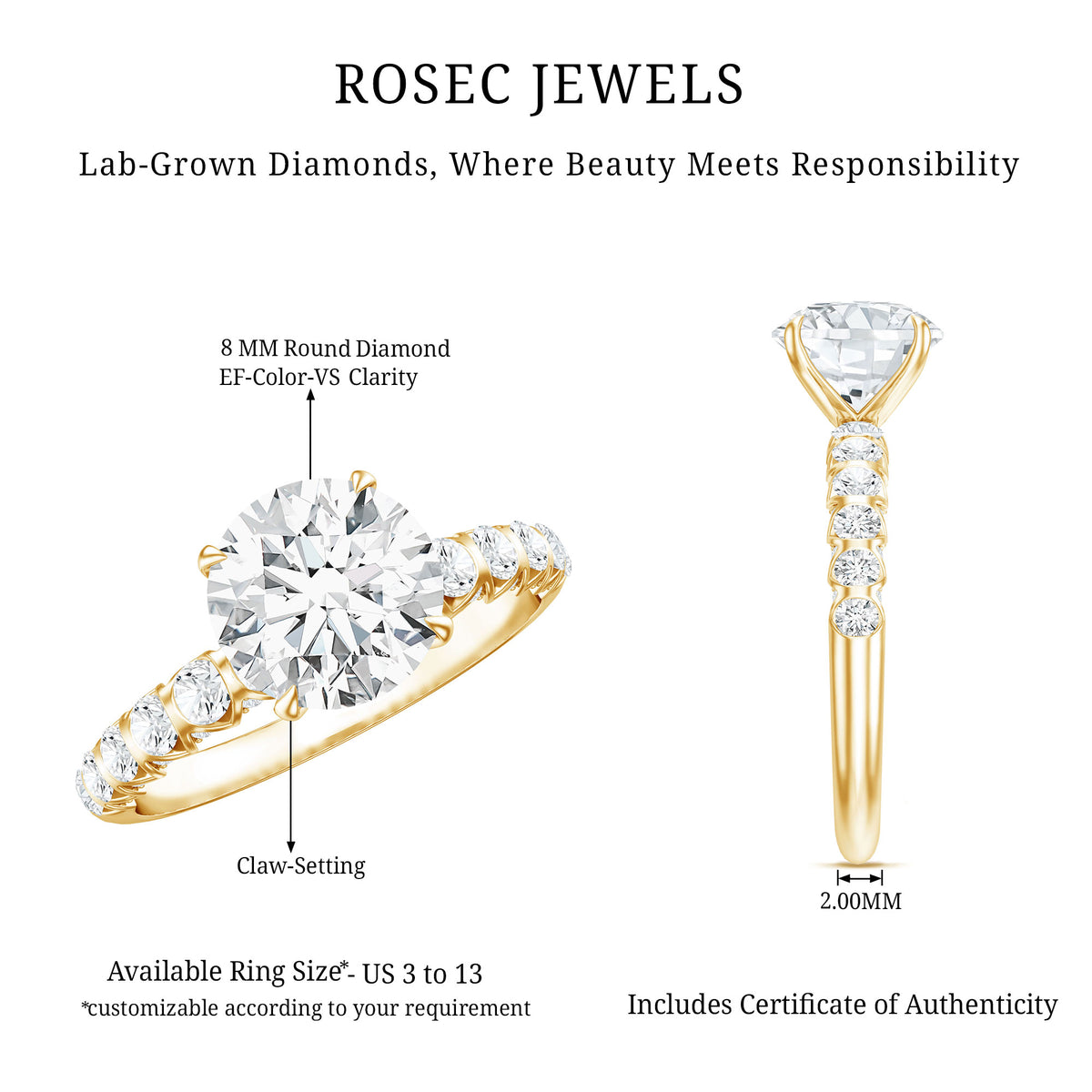 2 Carat Lab Grown Diamond Round Engagement Ring with IGI Certificate Lab - ( E-VS1 ) - Rosec Jewels