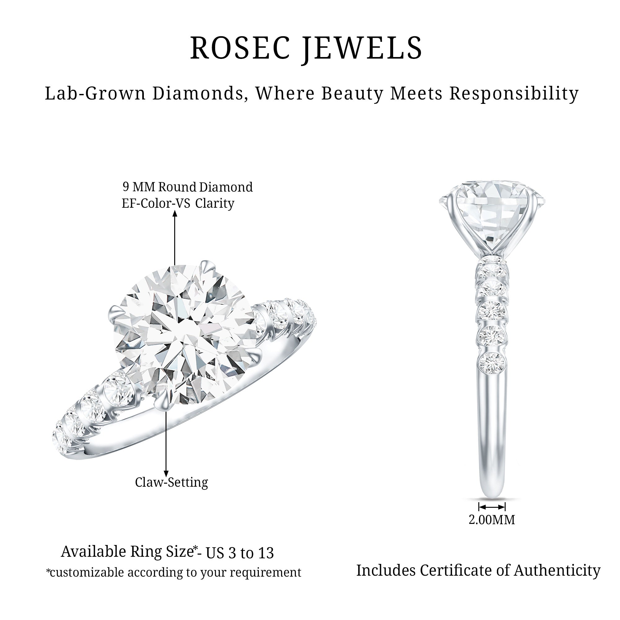 Rosec Jewels-Round Cut 3 Carat Lab Grown Diamond Engagement Ring with IGI Certificate