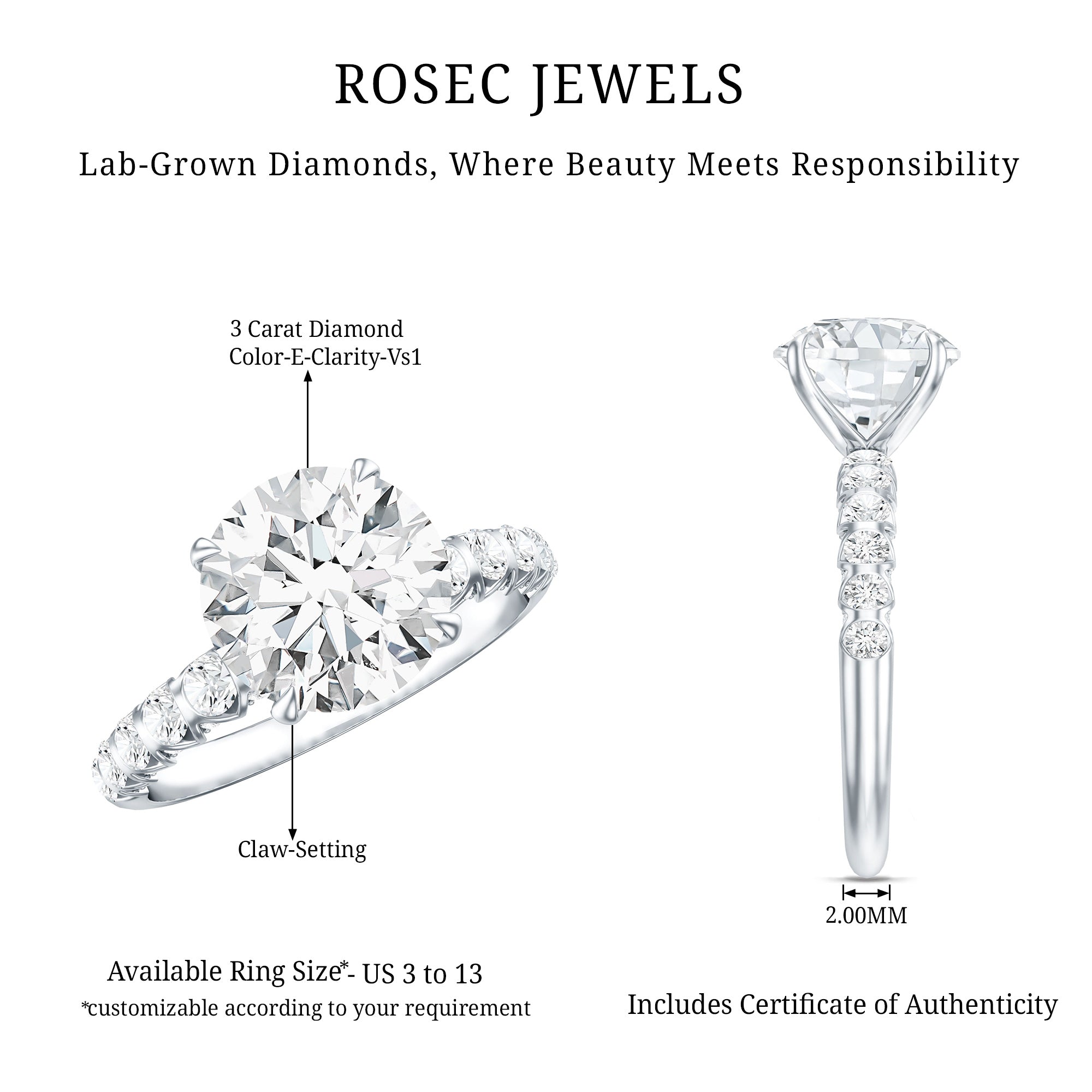 Round Cut 3 Carat Lab Grown Diamond Engagement Ring with IGI Certificate Lab - ( E-VS1 ) - Rosec Jewels