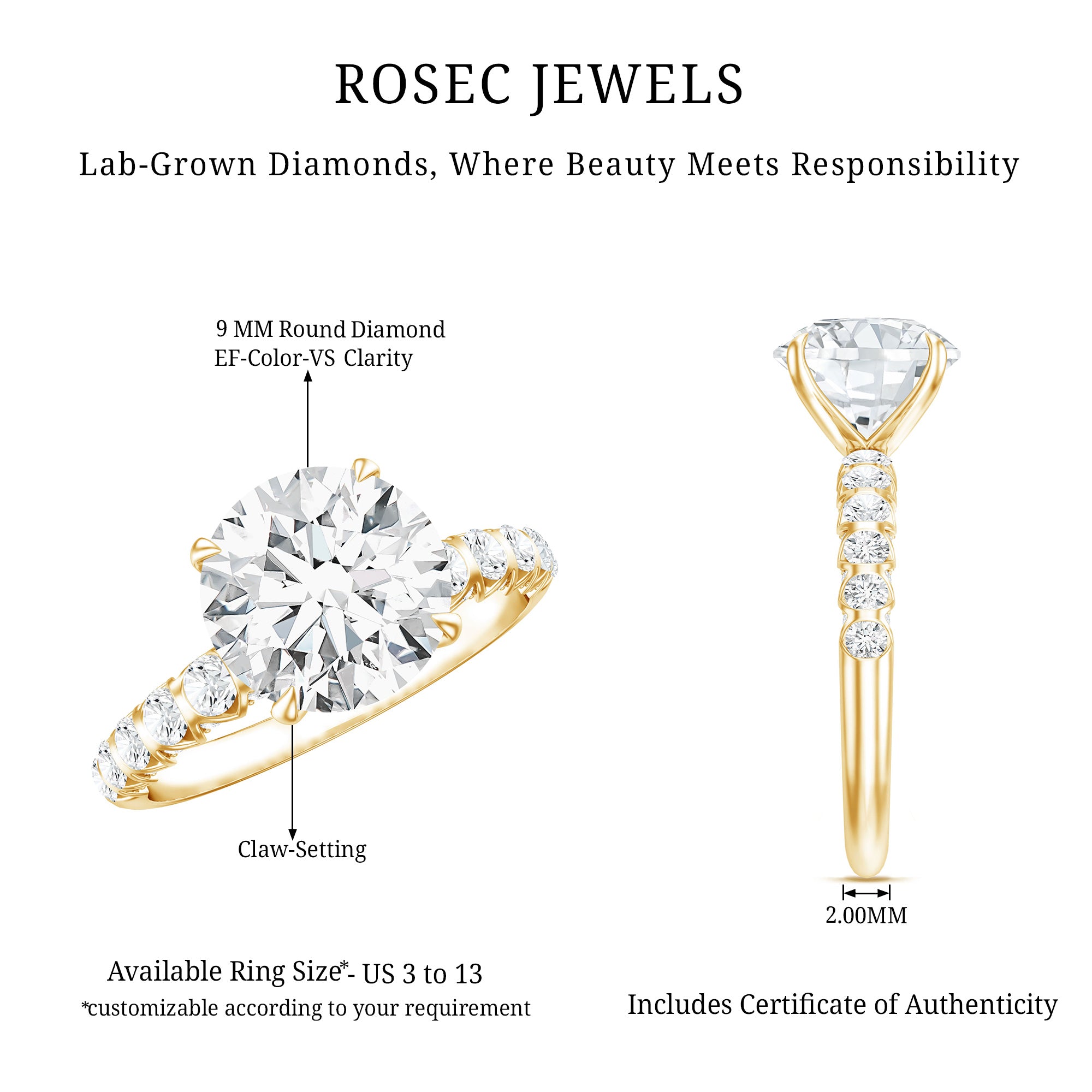 Round Cut 3 Carat Lab Grown Diamond Engagement Ring with IGI Certificate Lab - ( EF-VS ) - Rosec Jewels