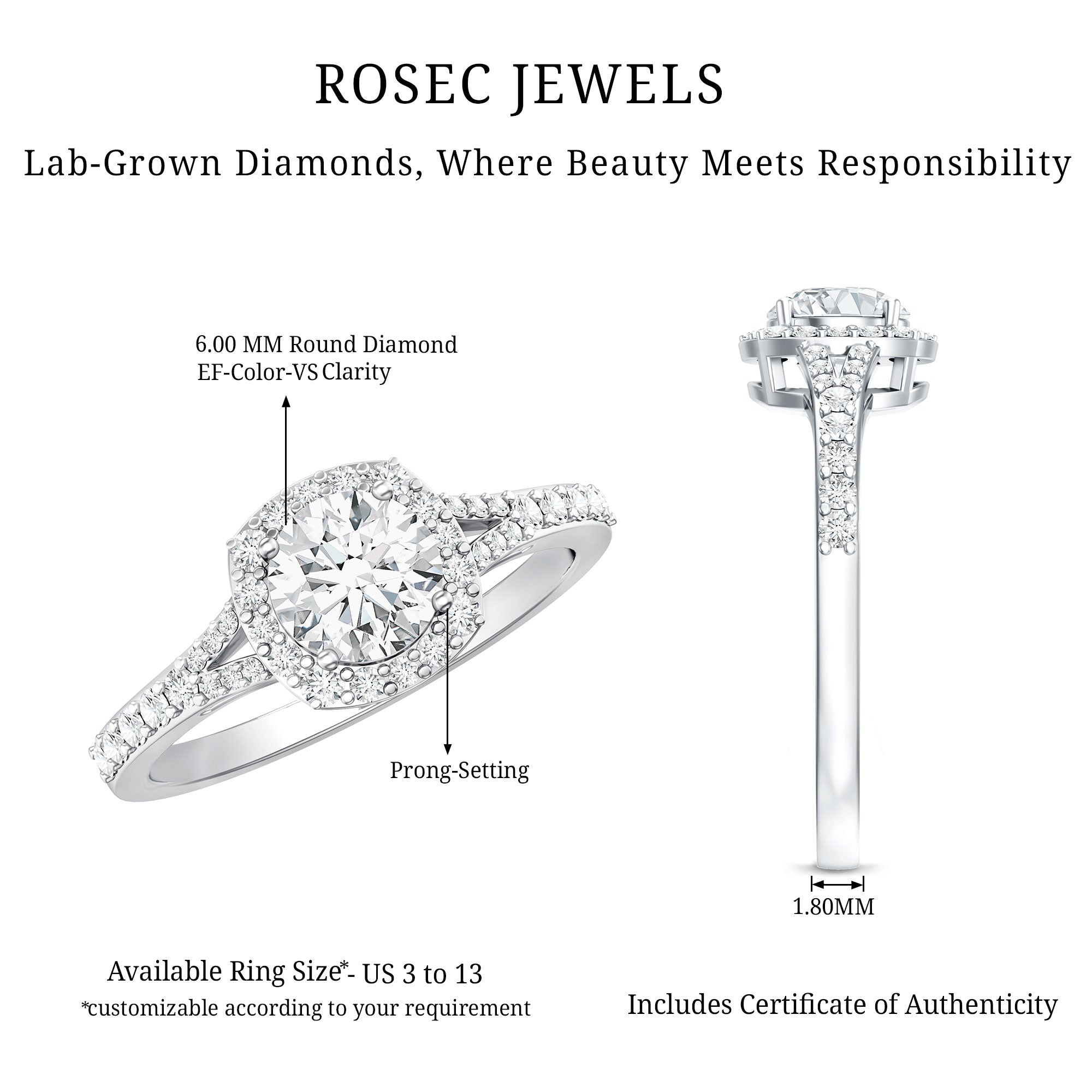 IGI Certified 1 Carat Lab Grown Diamond Halo Engagement Ring for Women Lab - ( E-VS1 ) - Rosec Jewels