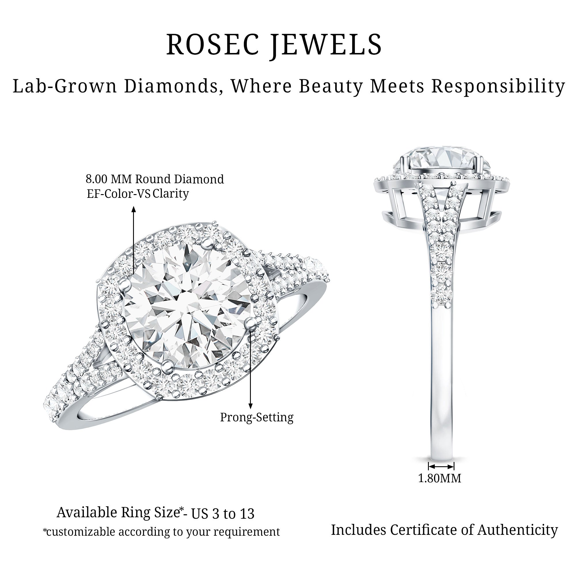 IGI Certified 2 Carat Round Lab Grown Diamond Statement Engagement Ring Lab - ( E-VS1 ) - Rosec Jewels