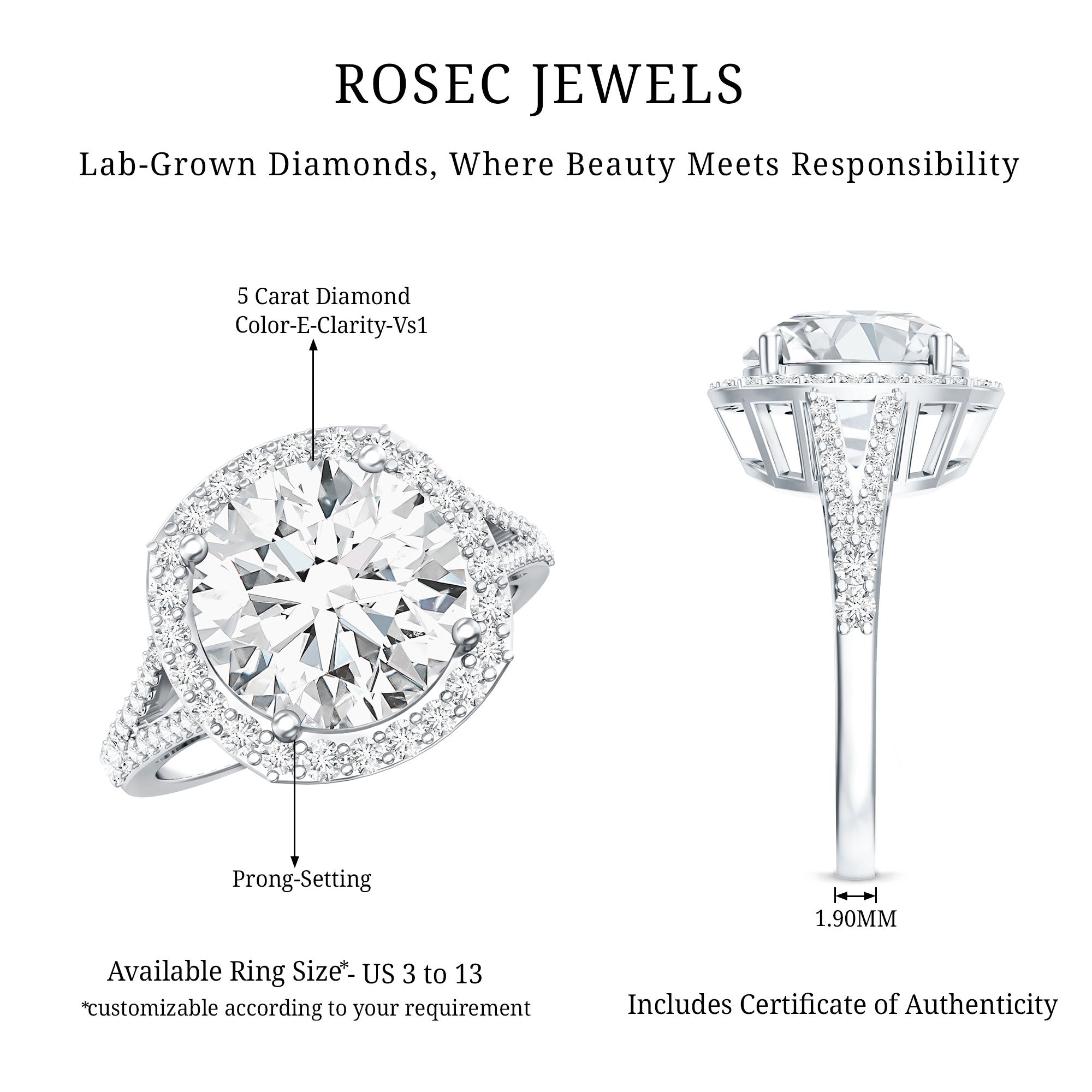 5 Carat Lab Grown Big Diamond Engagement Ring with IGI Certificate Lab - ( E-VS1 ) - Rosec Jewels