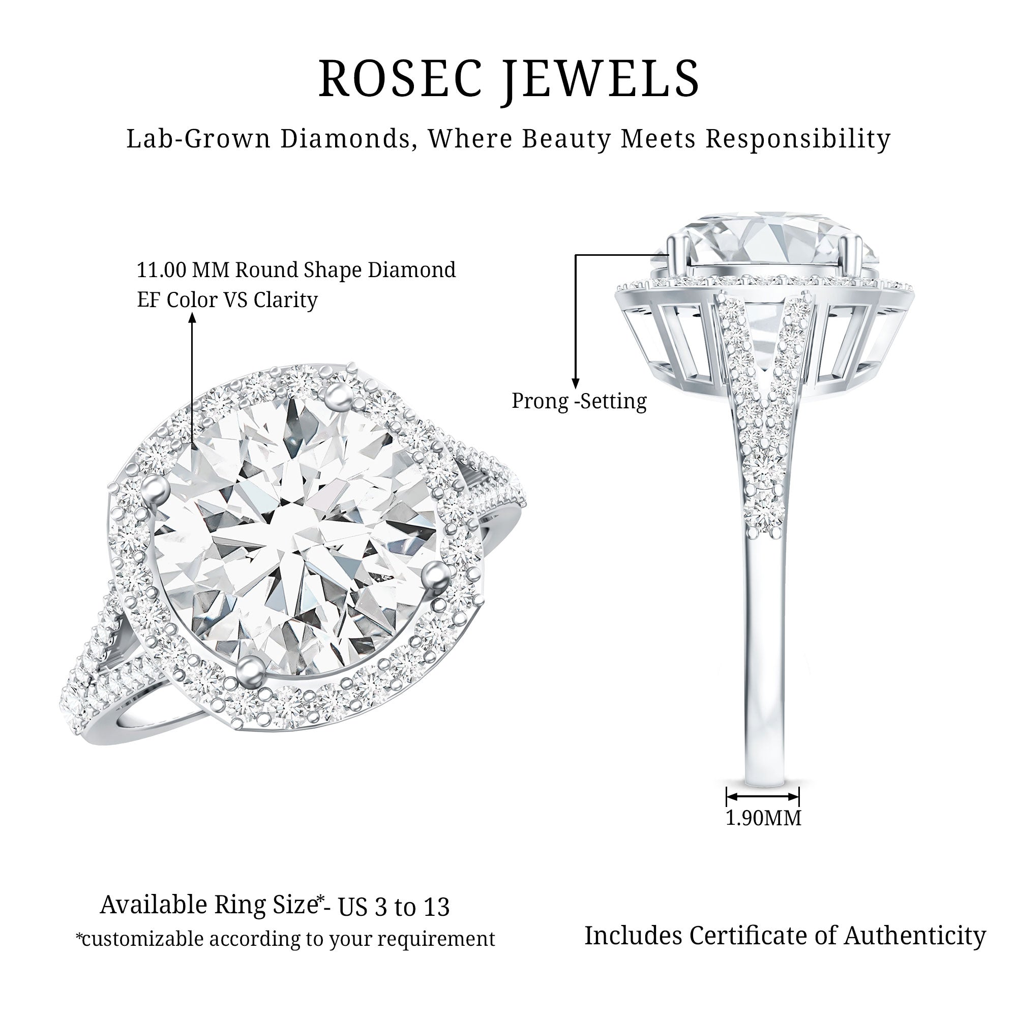 5 Carat Lab Grown Big Diamond Engagement Ring with IGI Certificate Lab - ( EF-VS ) - Rosec Jewels