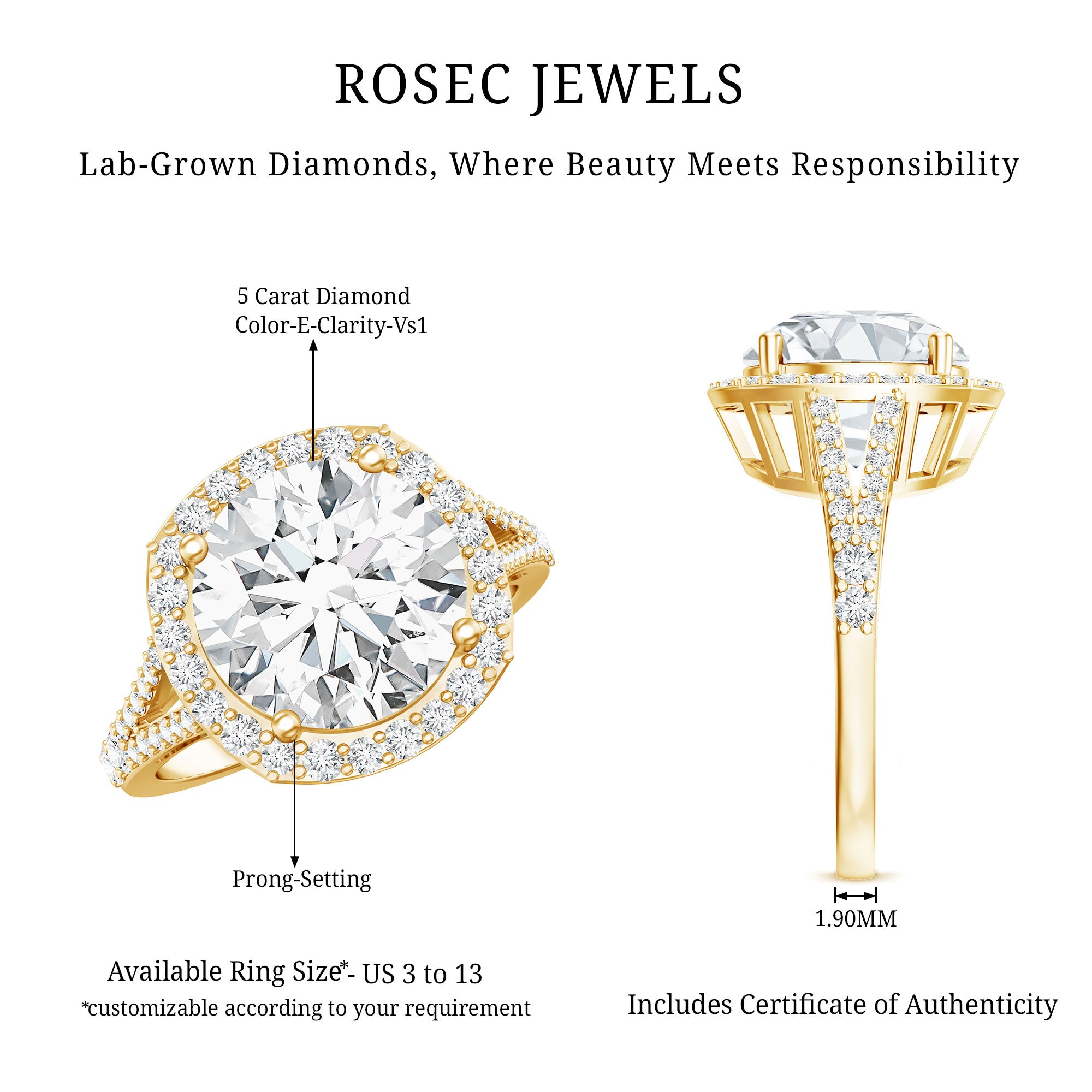 5 Carat Lab Grown Big Diamond Engagement Ring with IGI Certificate Lab - ( E-VS1 ) - Rosec Jewels