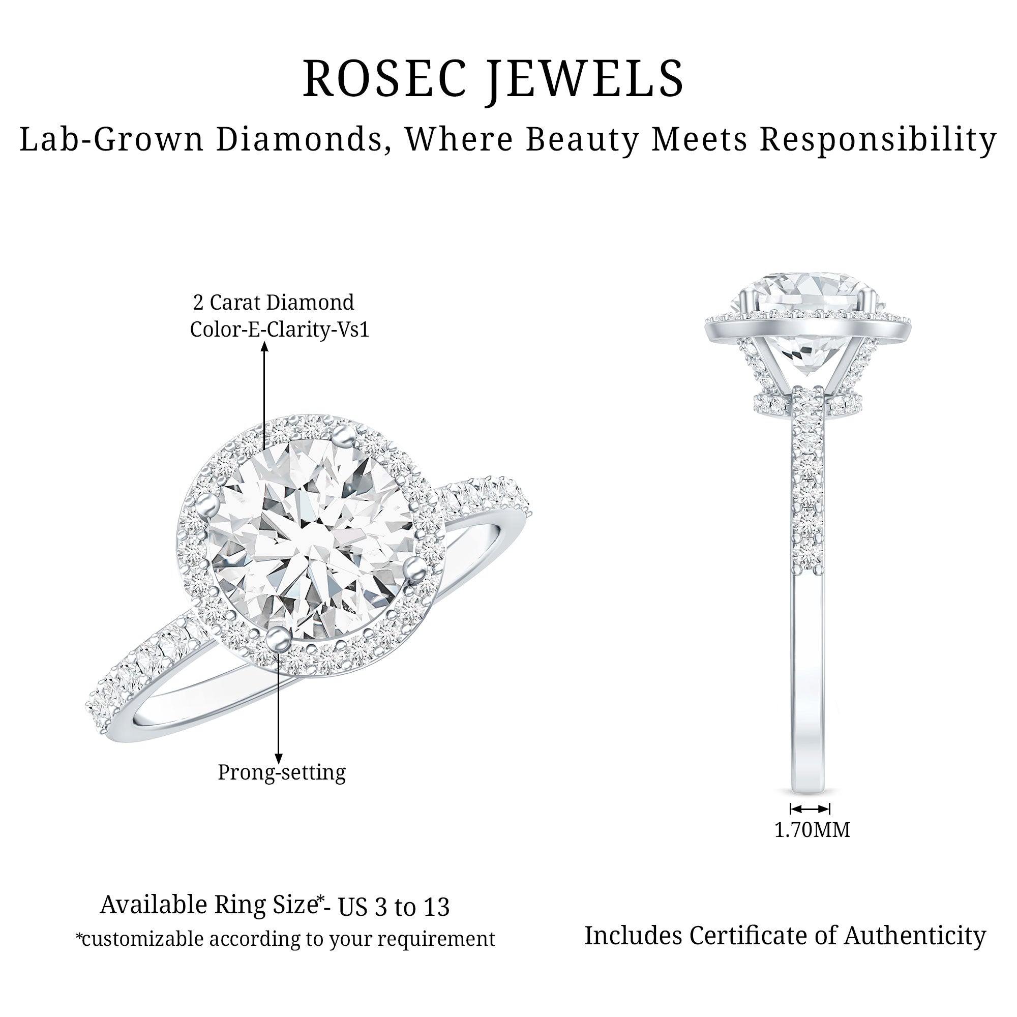 2 Carat Lab Grown Diamond Halo Engagement Ring with IGI Certificate Lab - ( E-VS1 ) - Rosec Jewels