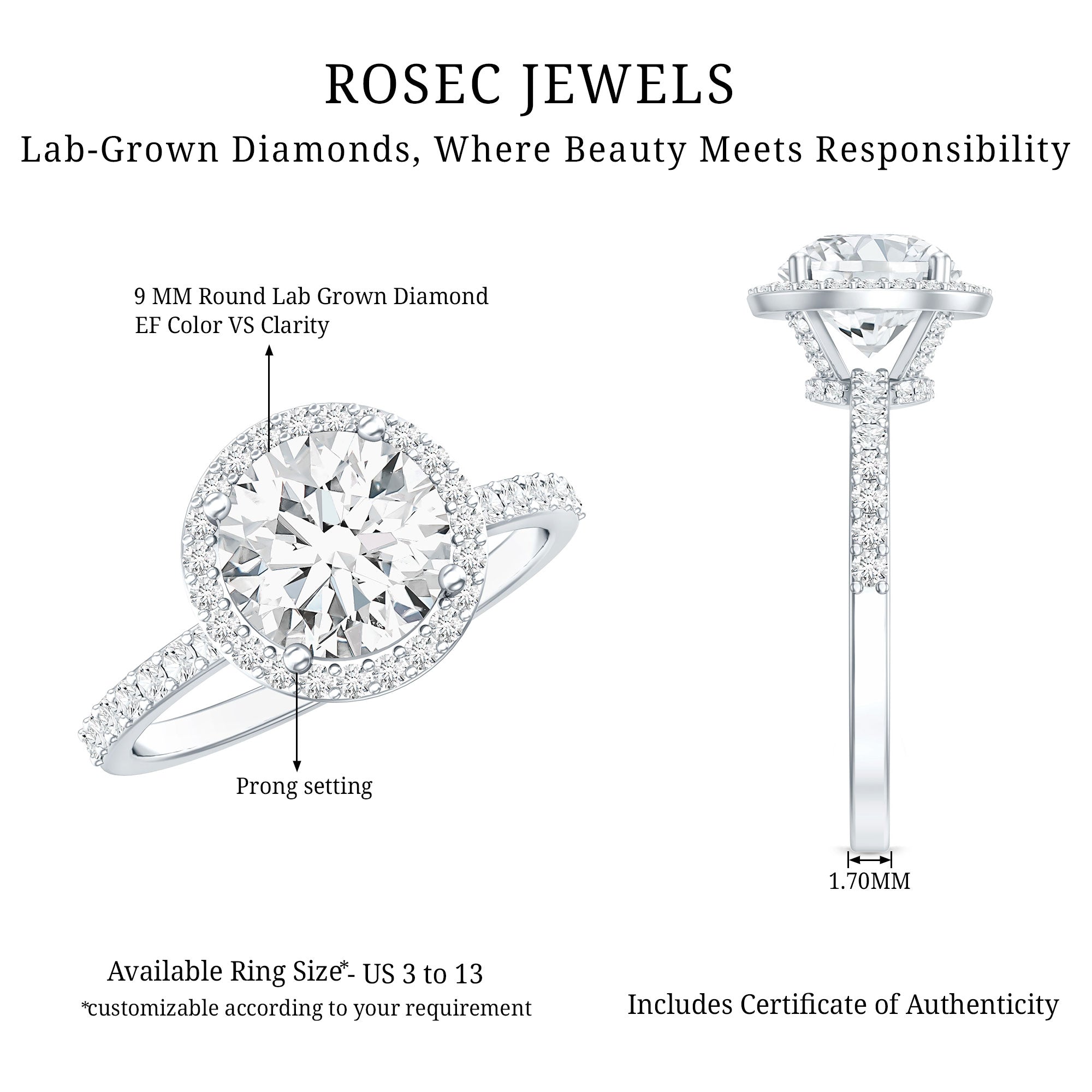 3 Carat IGI Certified Lab Grown Diamond Engagement Ring Lab - ( E-VS1 ) - Rosec Jewels