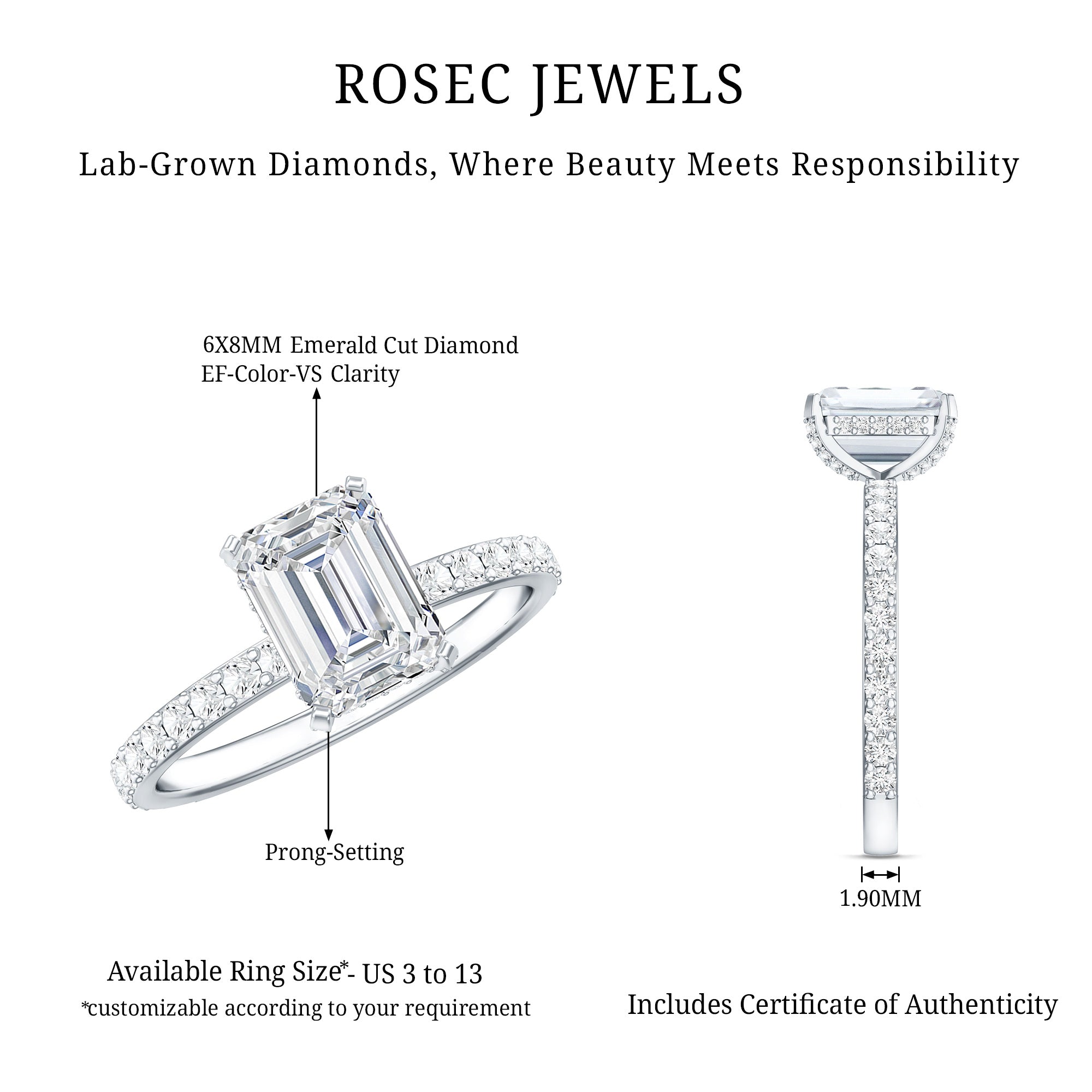 2 Carat Emerald Cut Lab Grown Diamond Solitaire Engagement Ring Lab - ( EF-VS ) - Rosec Jewels