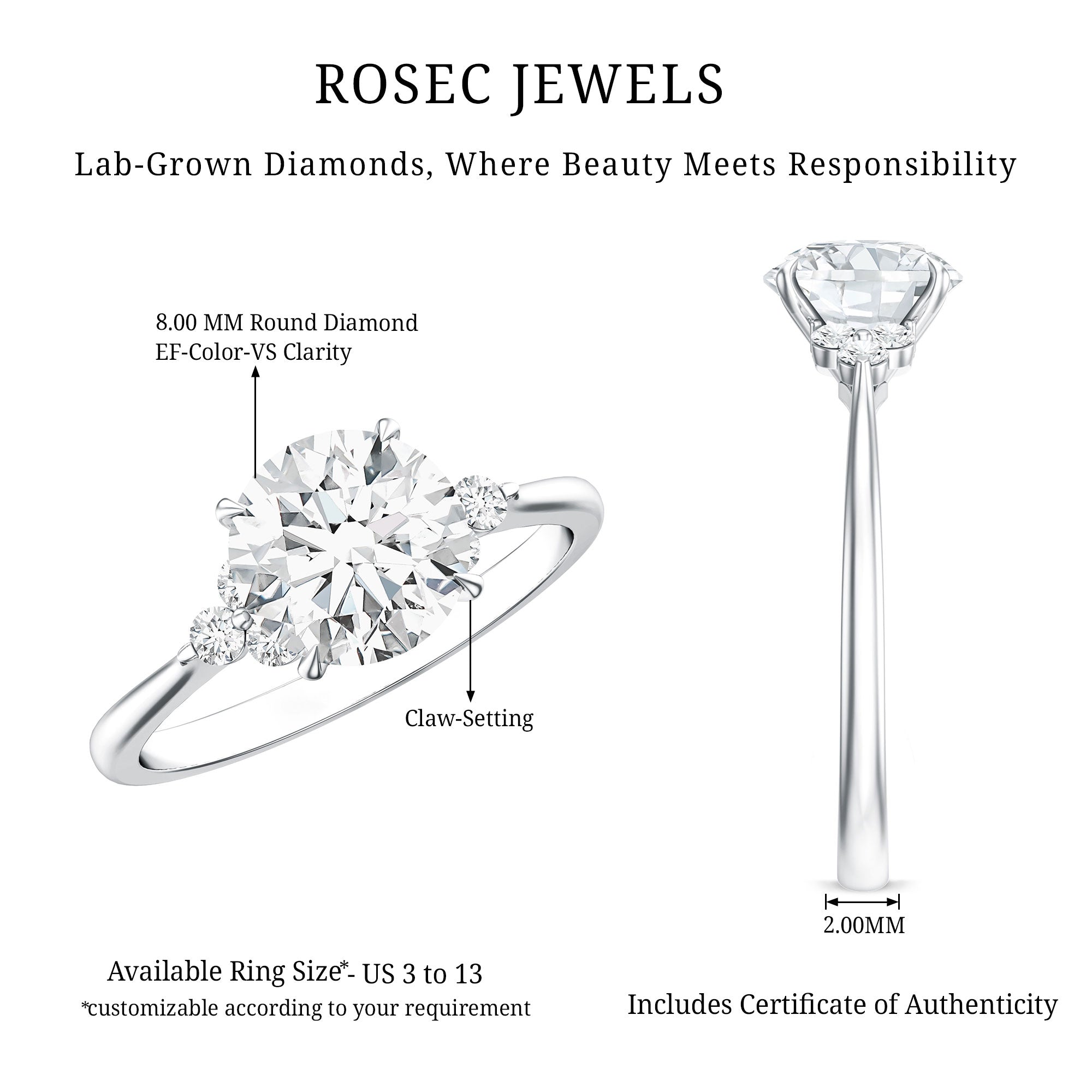 2 Carat Lab Grown Diamond Solitaire Engagement Ring for Women Lab - ( EF-VS ) - Rosec Jewels