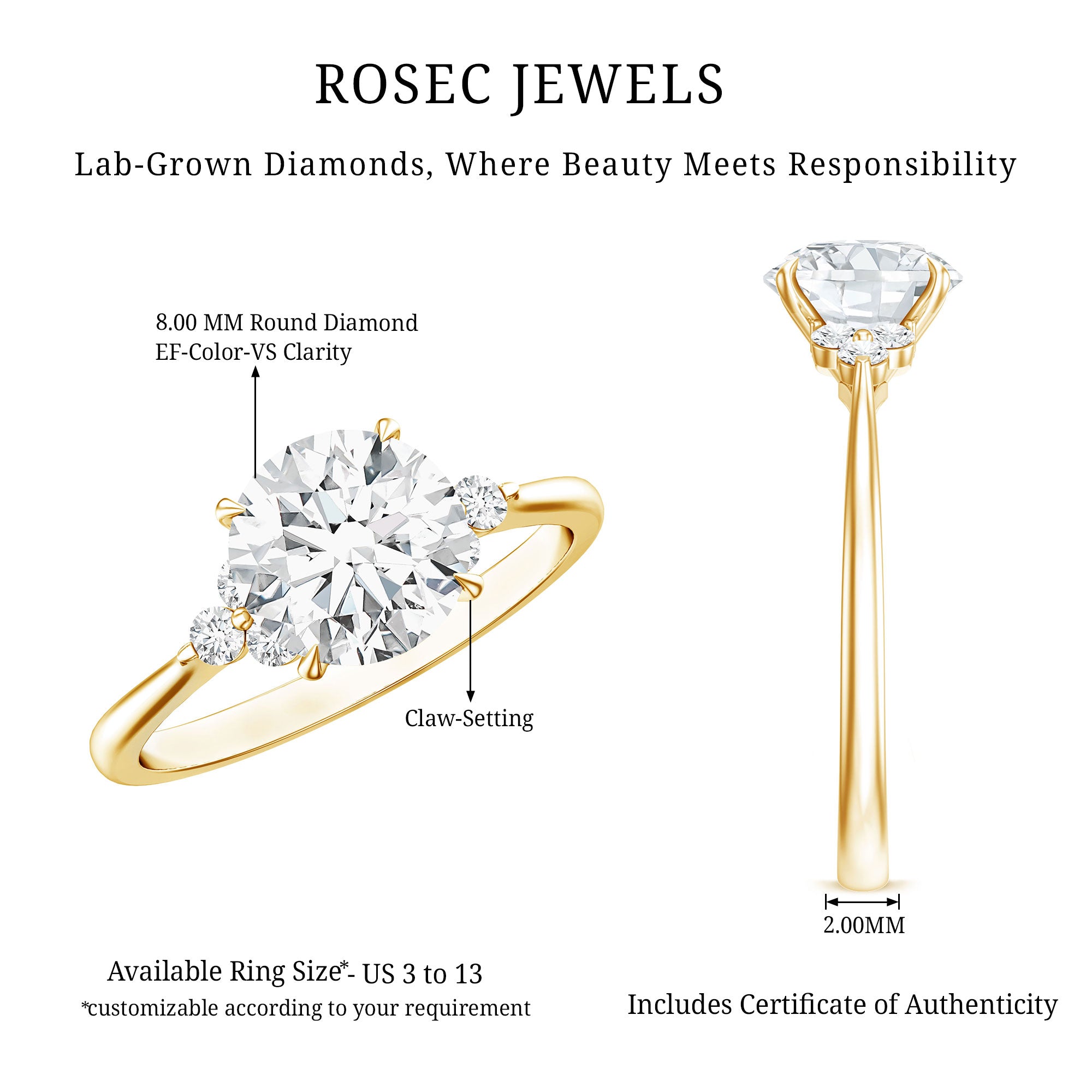 2 Carat Lab Grown Diamond Solitaire Engagement Ring for Women Lab - ( EF-VS ) - Rosec Jewels
