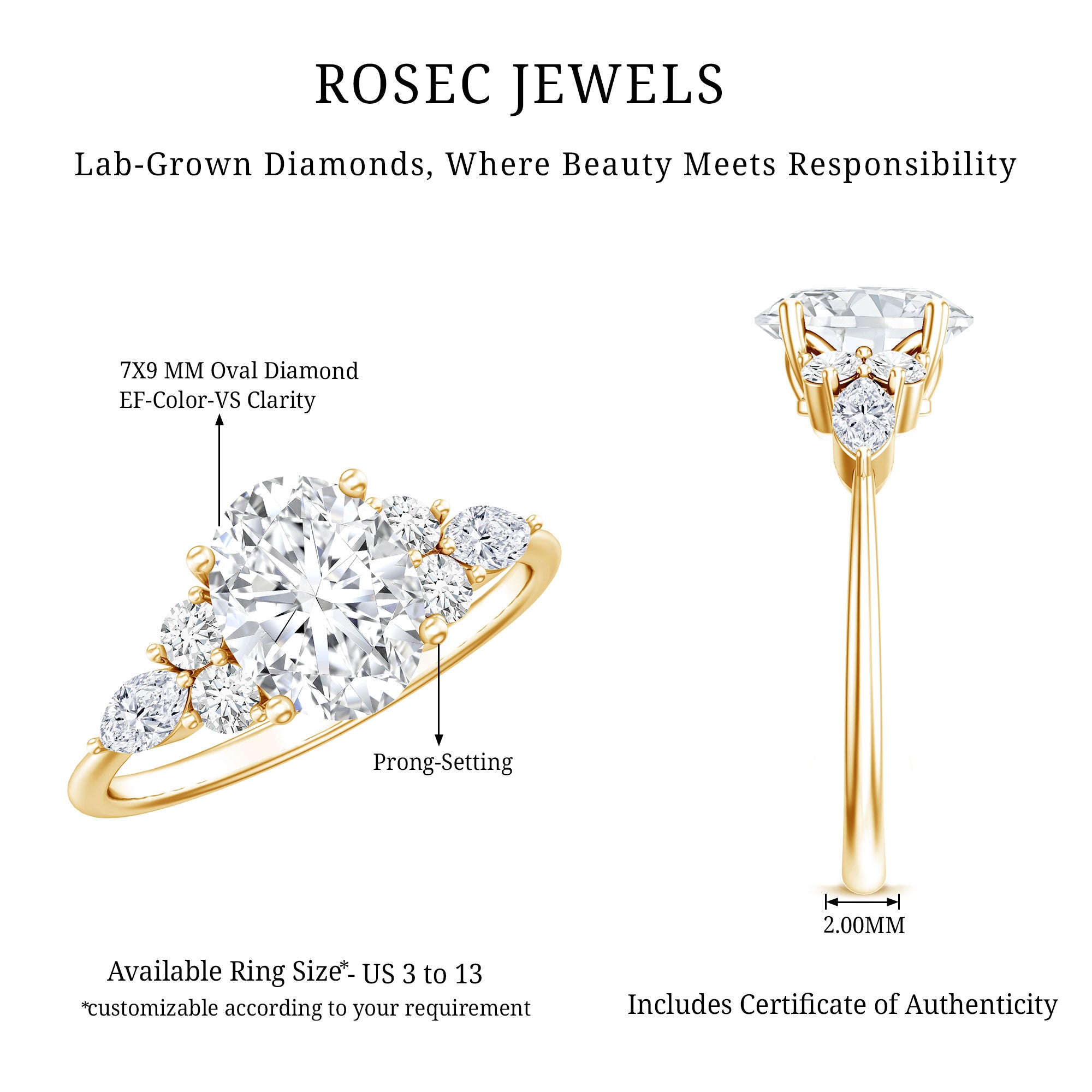 2 Carat Lab Grown Diamond Oval Engagement Ring with Trio Lab - ( EF-VS ) - Rosec Jewels