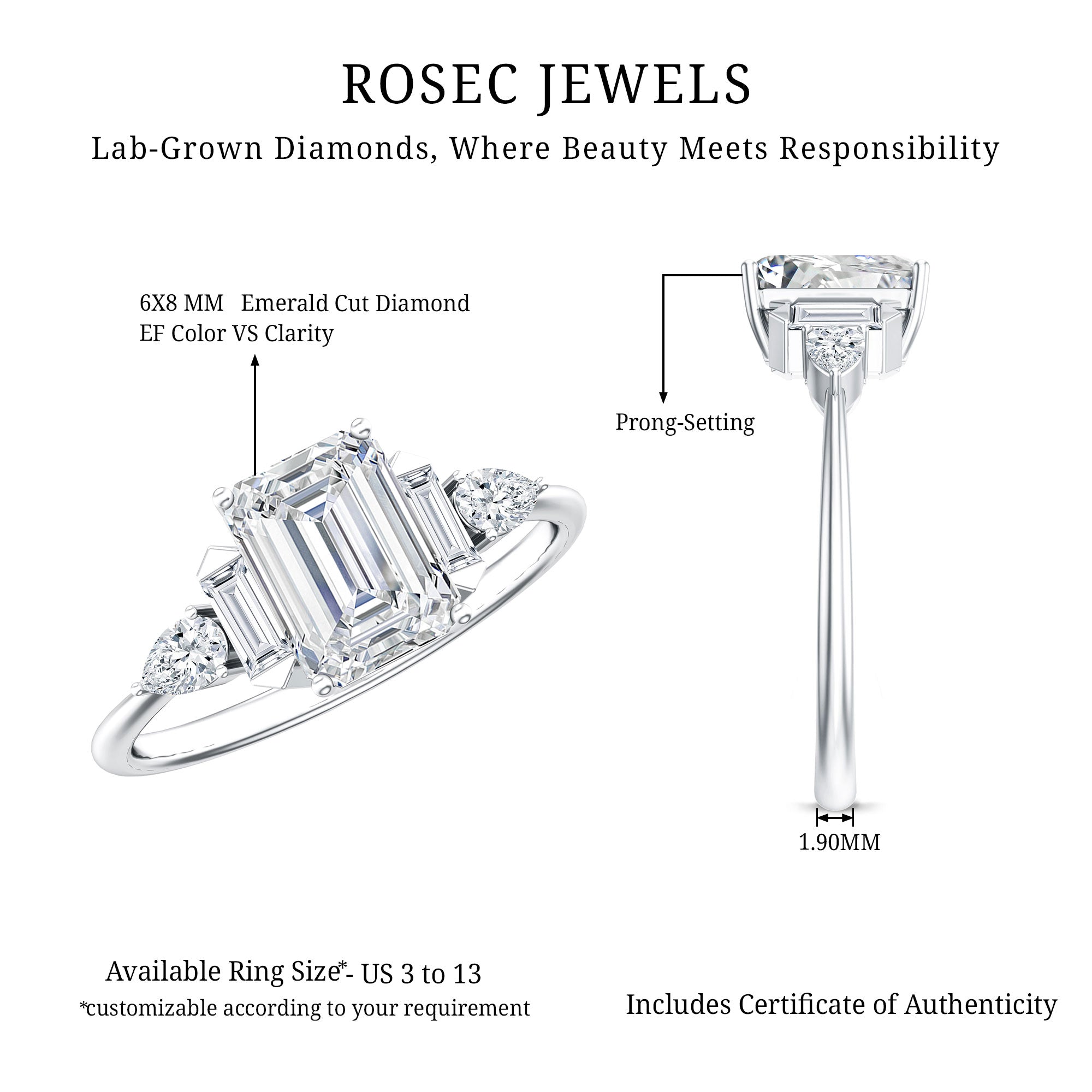Art Deco Inspired Lab Grown Diamond Emerald Cut Engagement Ring Lab - ( EF-VS ) - Rosec Jewels