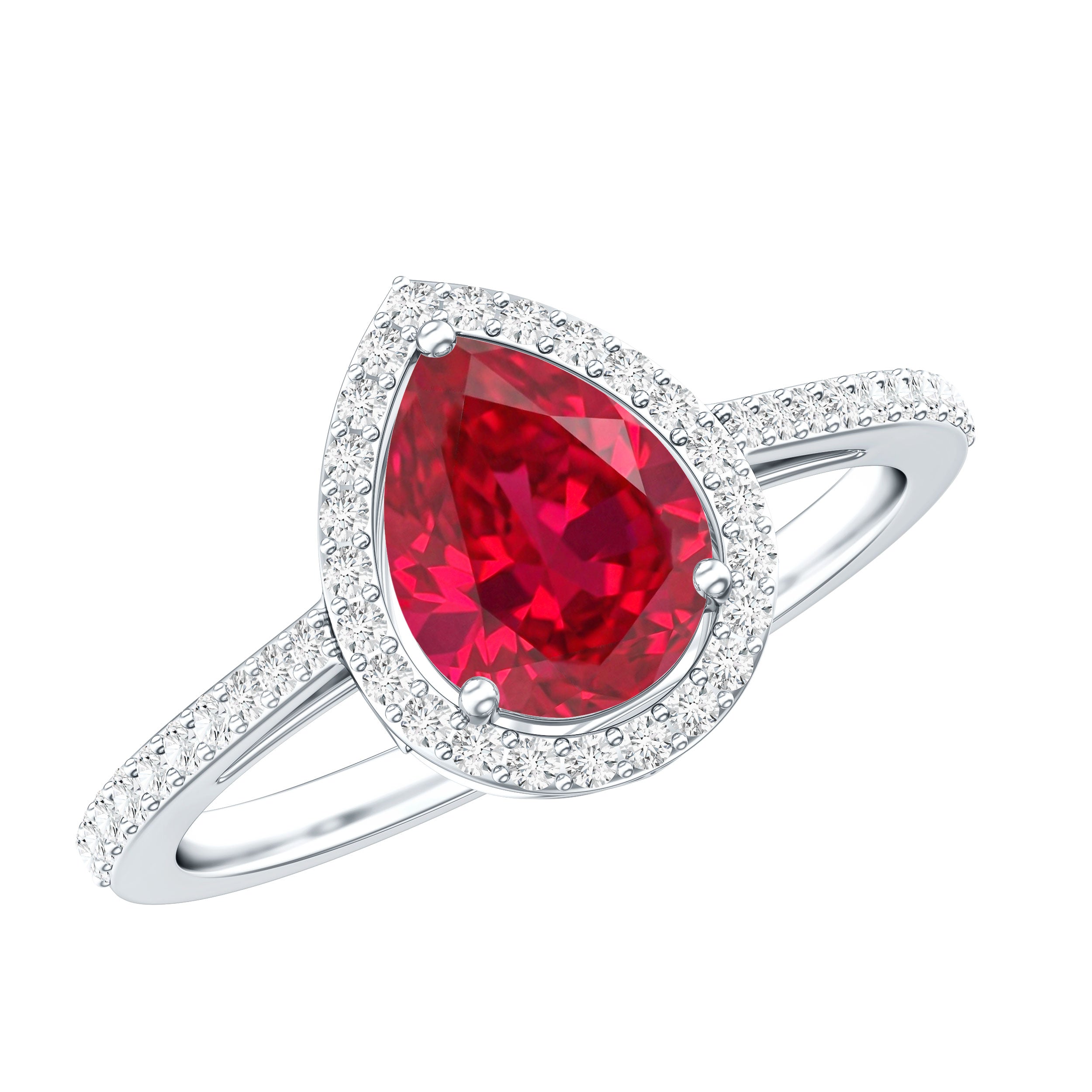 Pear Shape Lab Grown Ruby Teardrop Engagement Ring with Diamond Halo AAAA - Rosec Jewels