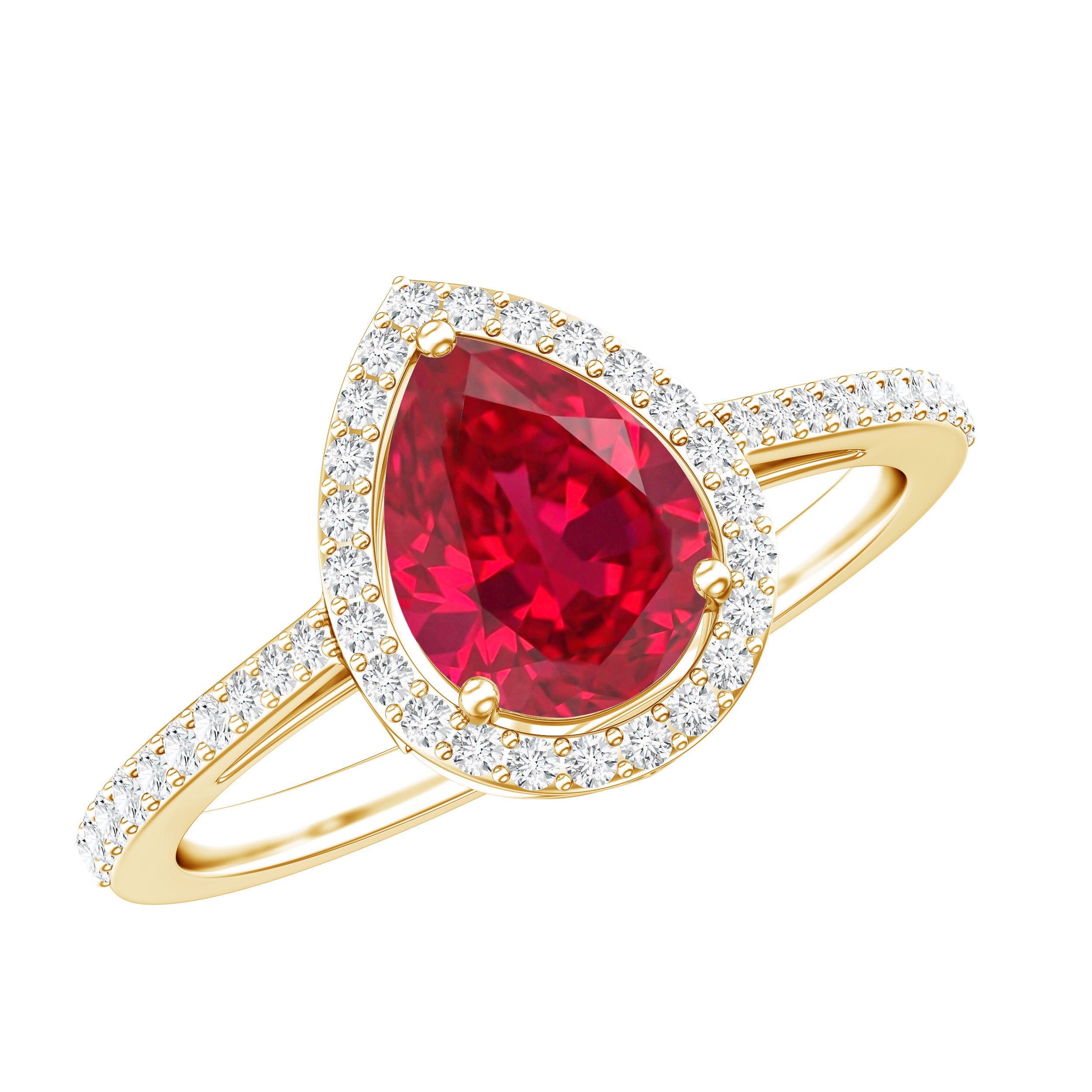 Pear Shape Lab Grown Ruby Teardrop Engagement Ring with Diamond Halo AAAA - Rosec Jewels
