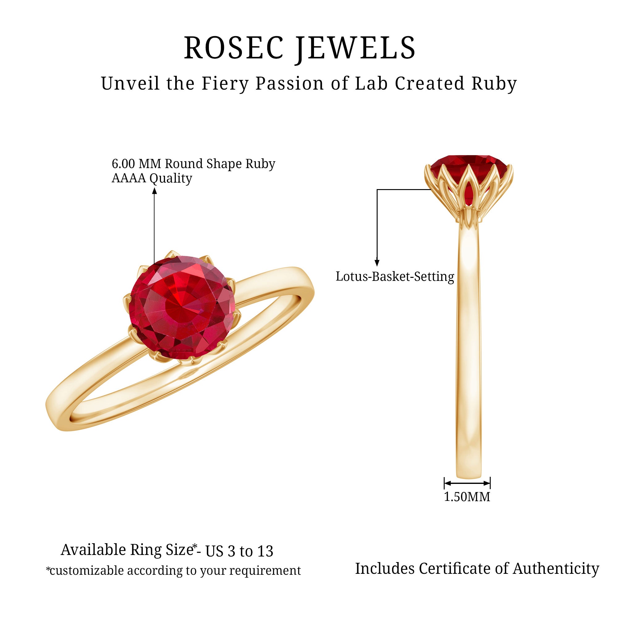 Certified 1.3 Carat Lab Grown Ruby Engagement Ring in Lotus Basket Setting AAAA - Rosec Jewels