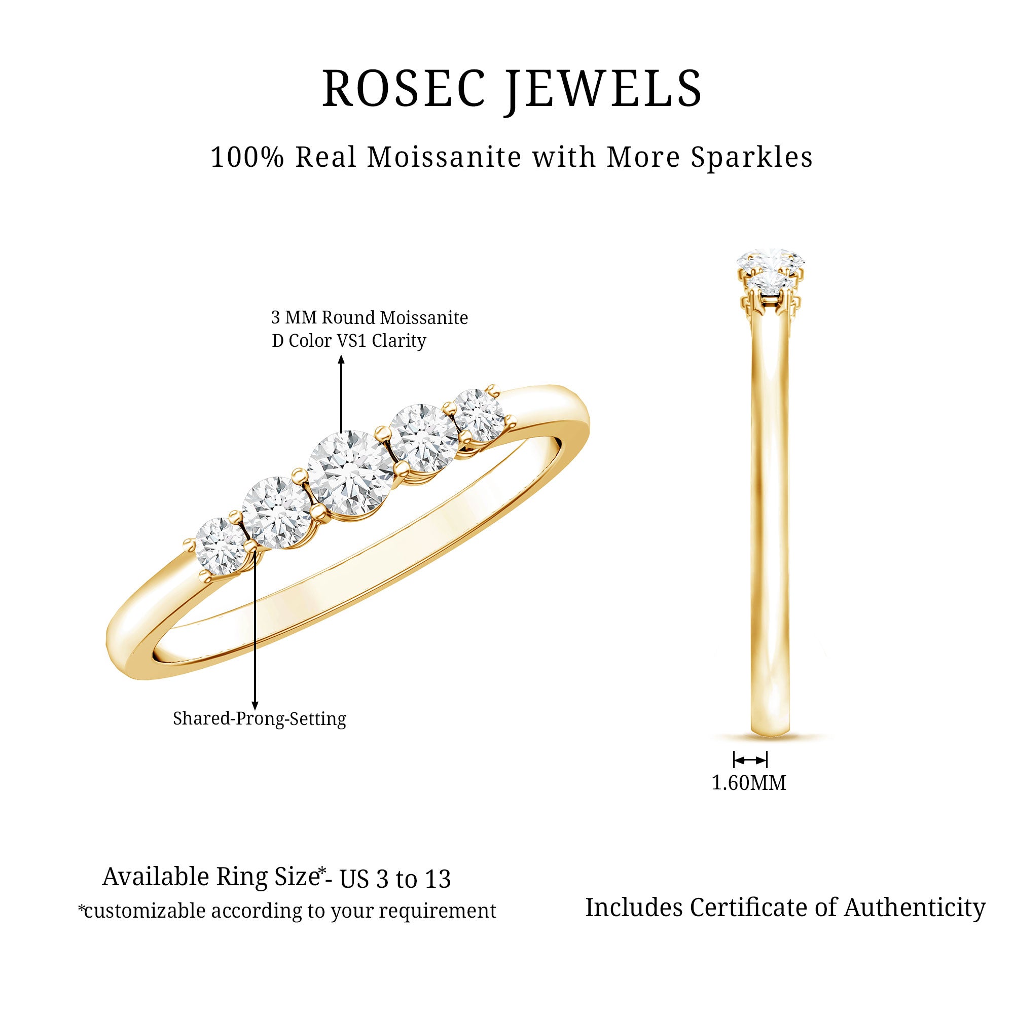 Round Cut Moissanite Five Stone Promise Ring D-VS1 - Rosec Jewels
