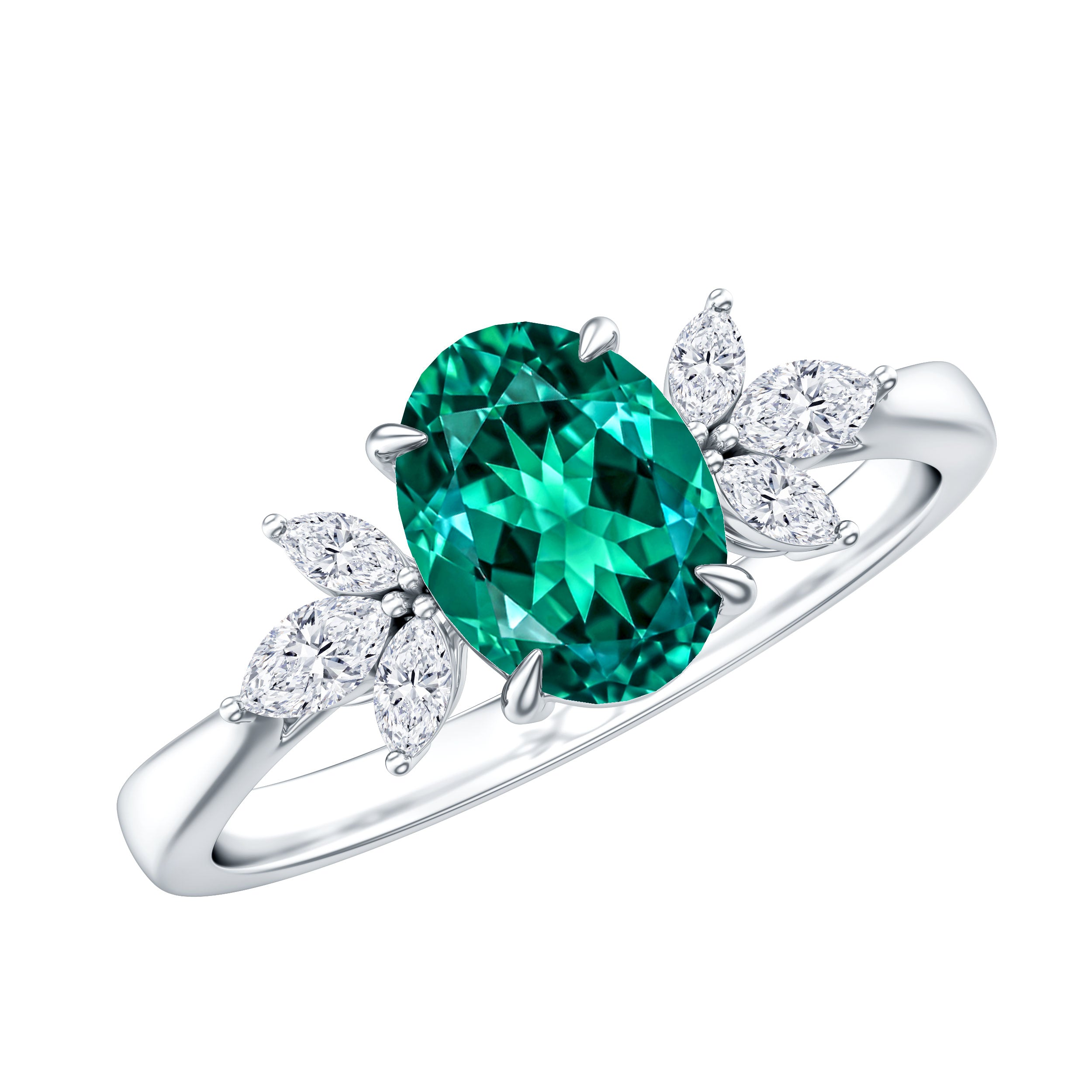 1.2 Carat Lab Created Emerald Oval Engagement Ring with Diamond Trio AAAA - Rosec Jewels