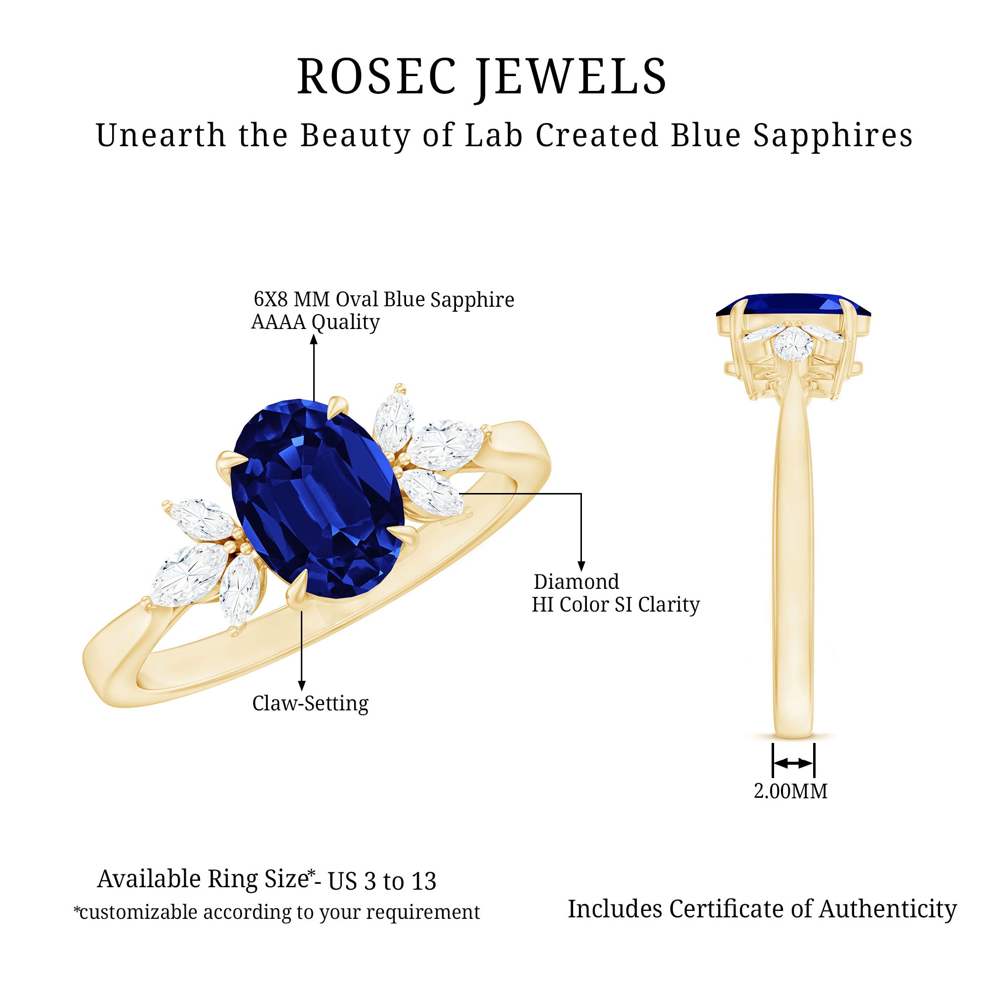 Certified 1.5 Carat Lab Grown Blue Sapphire Oval Engagement Ring with Diamond Trio AAAA - Rosec Jewels