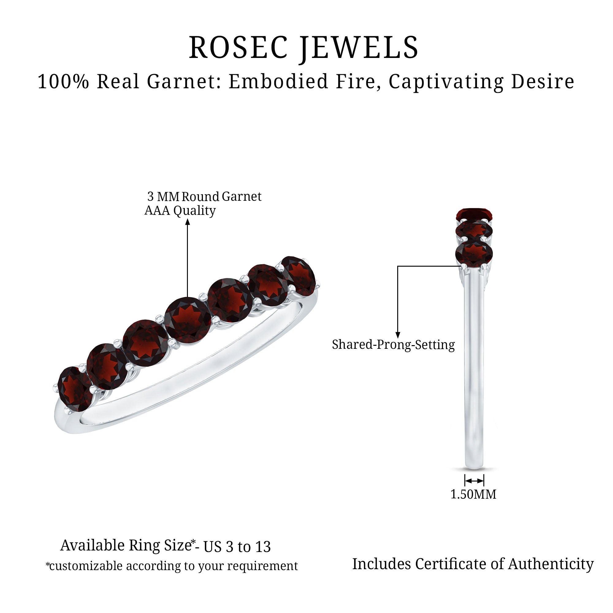 Certified Natural Garnet Half Eternity Ring for Anniversary AAA - Rosec Jewels