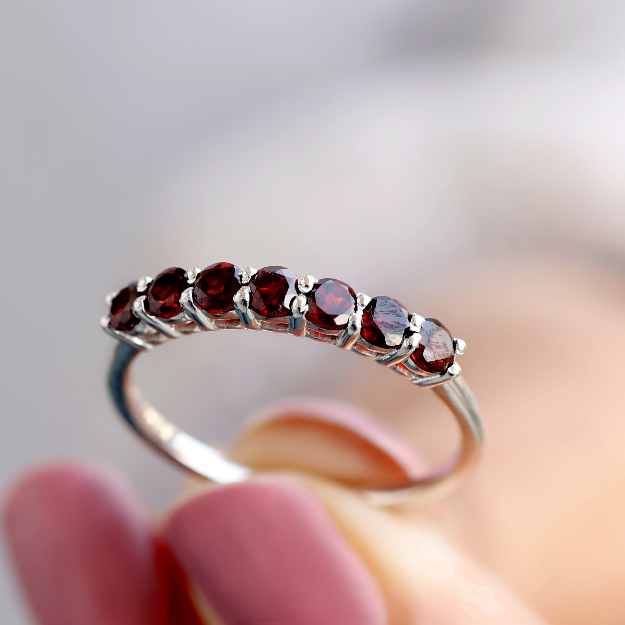 Certified Natural Garnet Half Eternity Ring for Anniversary AAA - Rosec Jewels