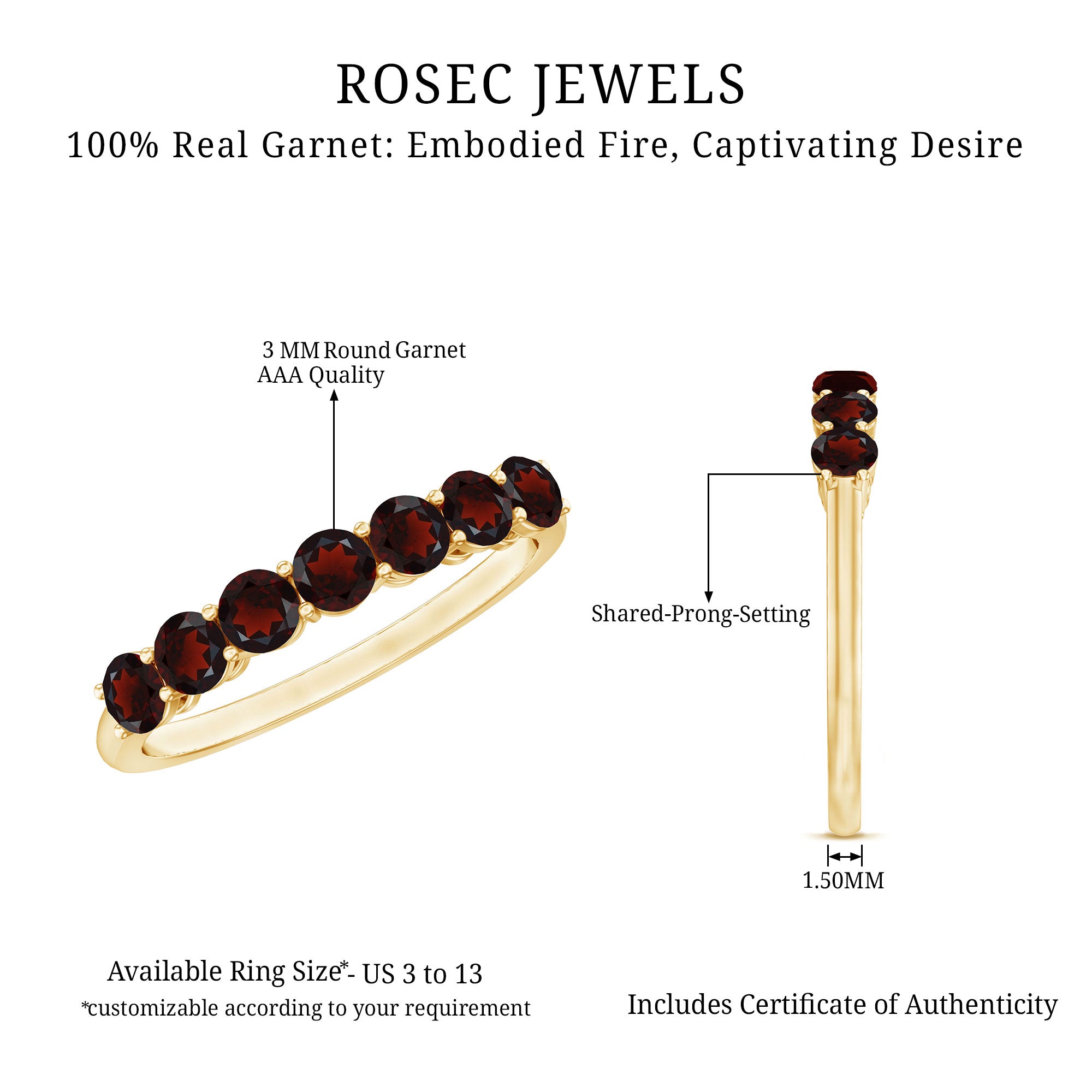 Certified Natural Garnet Half Eternity Ring for Anniversary AAA - Rosec Jewels