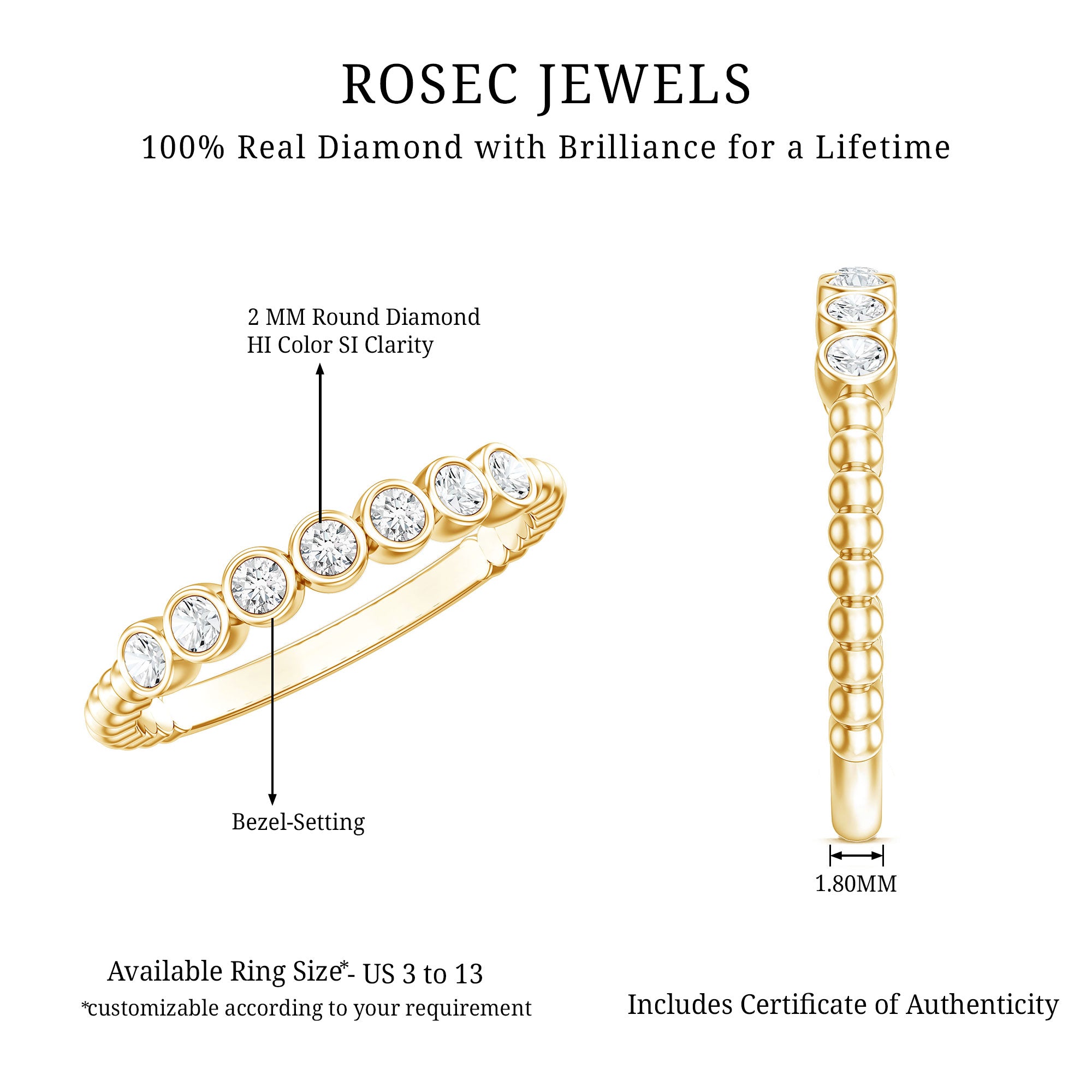 Bezel Set Round Diamond Half Eternity Ring Natural - ( HI-SI ) - Rosec Jewels
