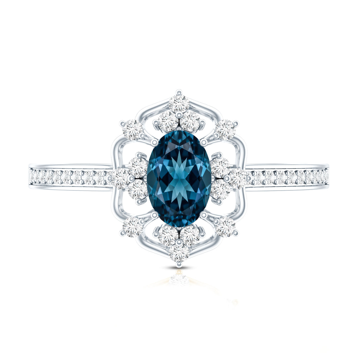 0.4 Carat Oval Cut London Blue Topaz Vintage Engagement Ring with Diamond AAA - Rosec Jewels