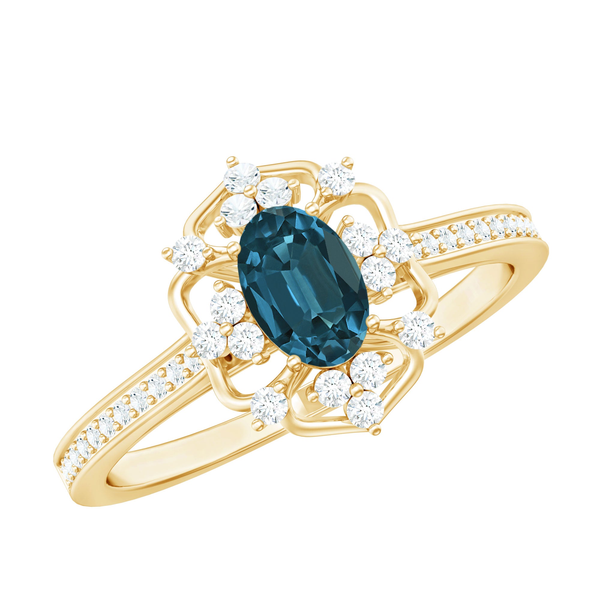 4X6mm Oval Cut London Blue Topaz Vintage Engagement Ring with Diamond AAA - Rosec Jewels