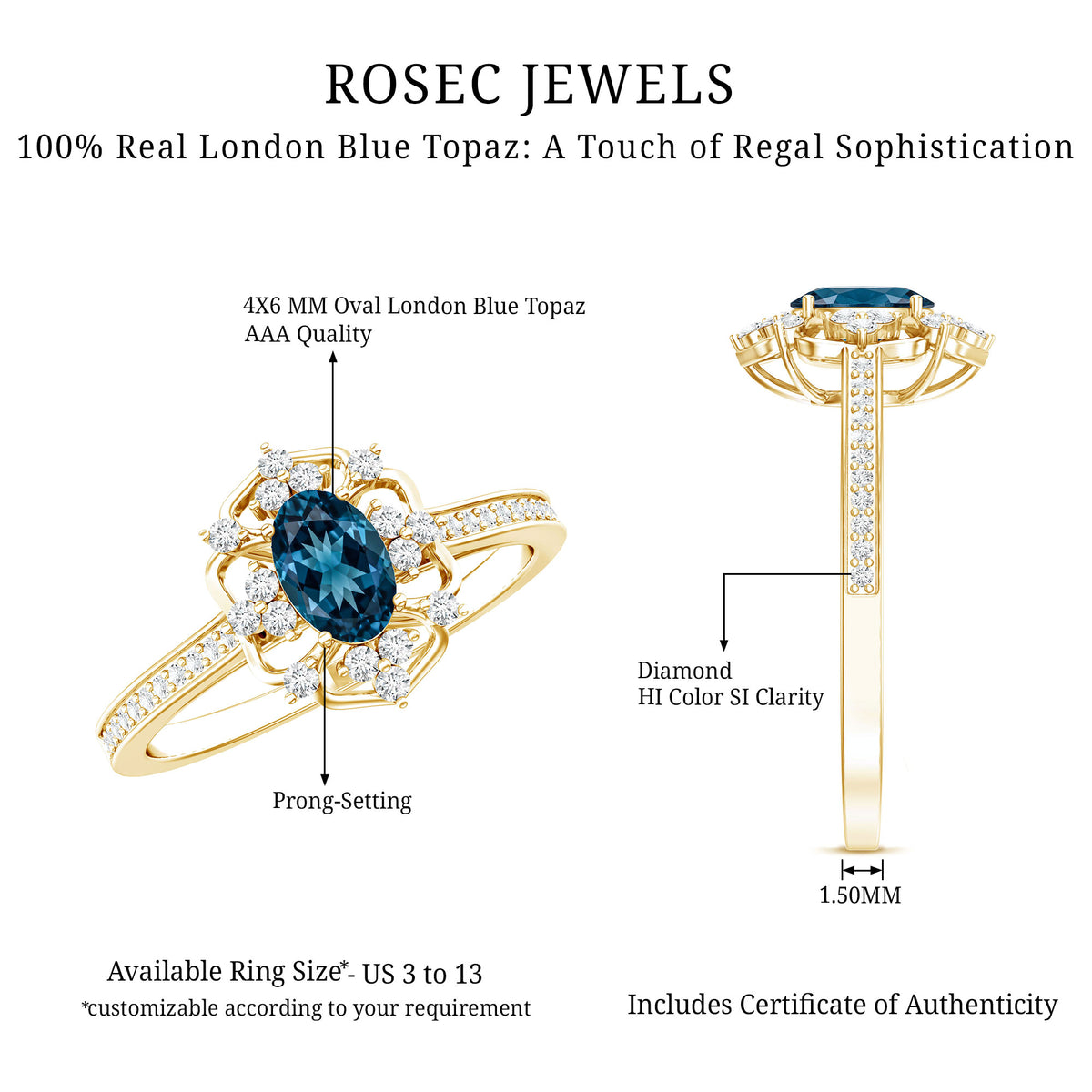 0.4 Carat Oval Cut London Blue Topaz Vintage Engagement Ring with Diamond AAA - Rosec Jewels