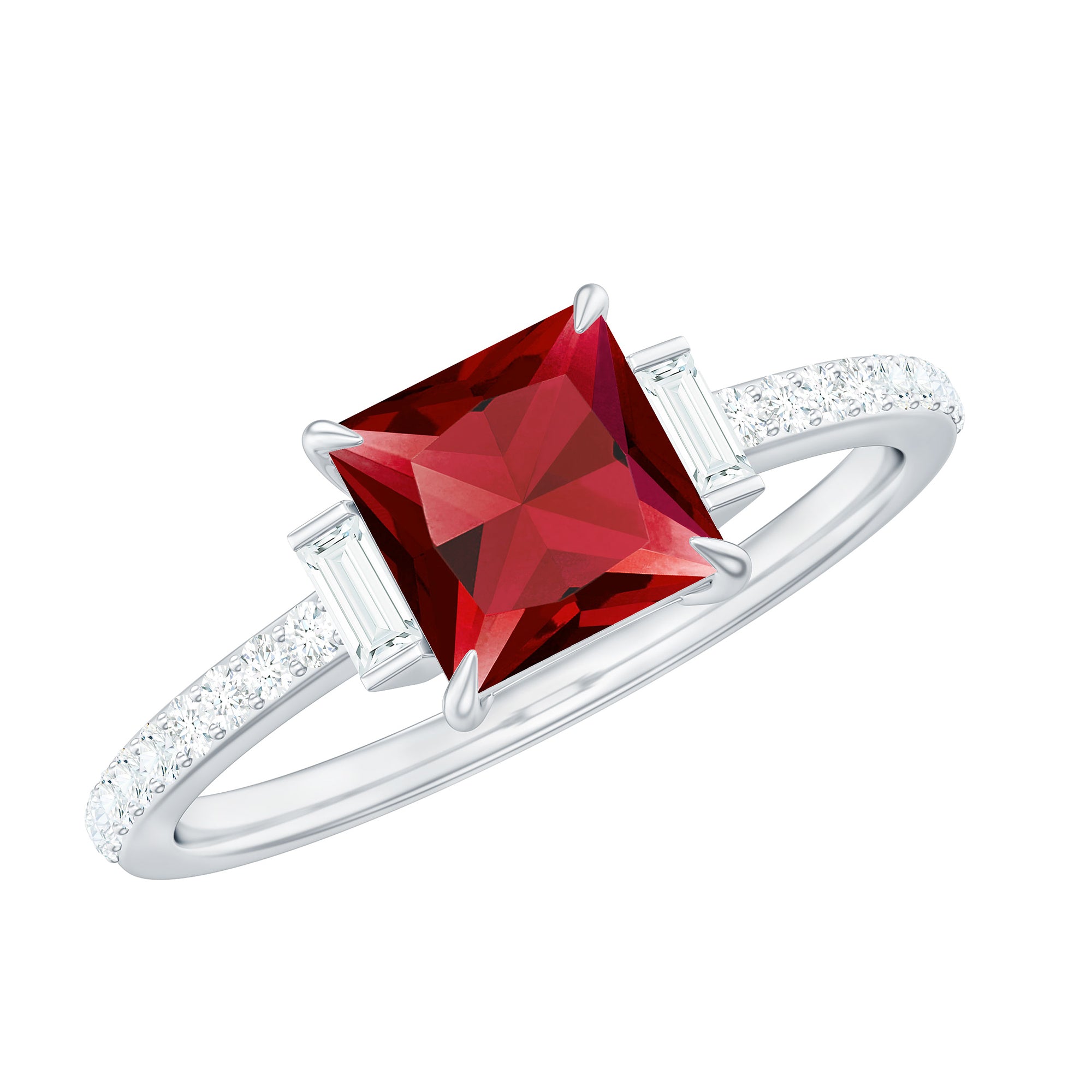 Claw Set Created Ruby Engagement Ring With Diamond