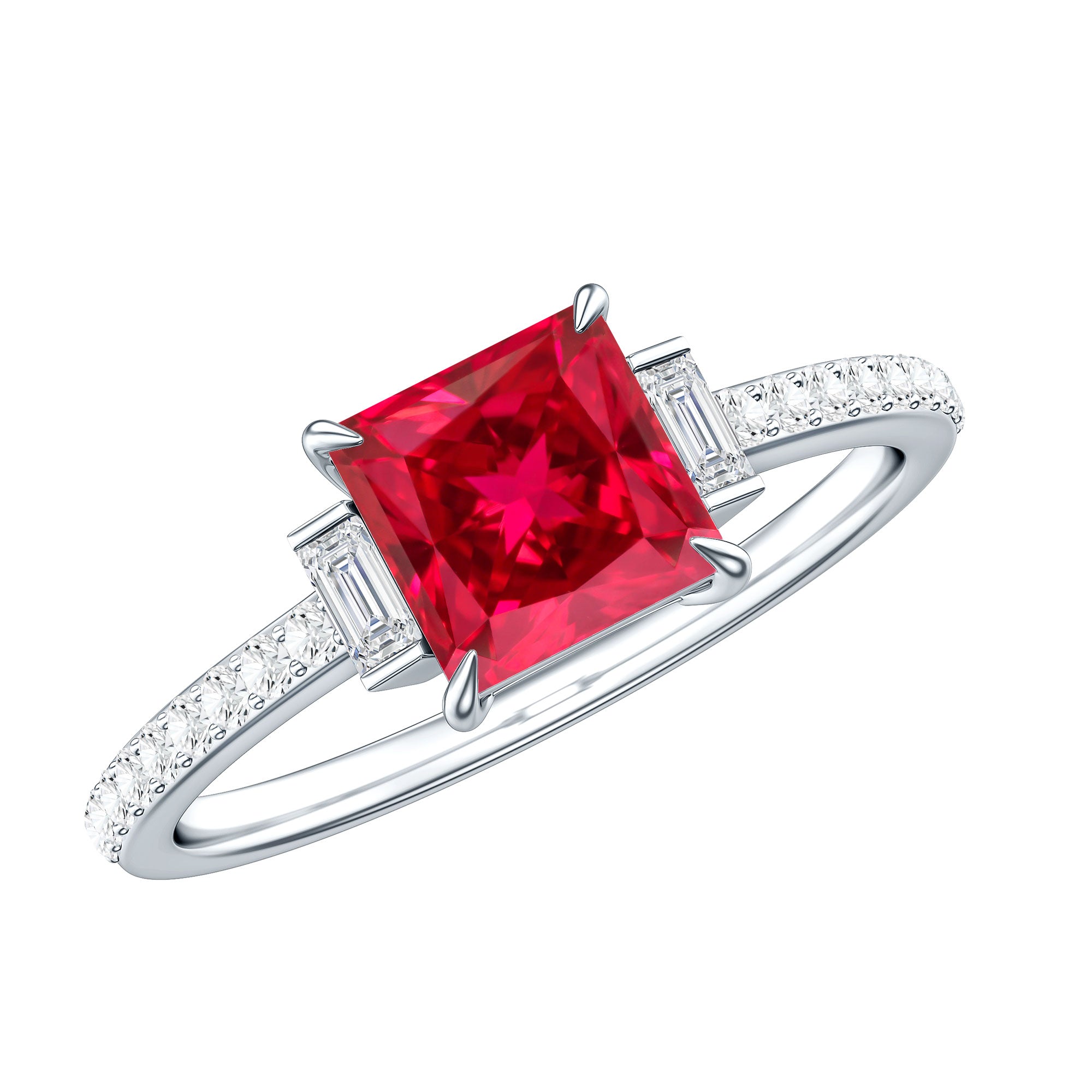 1.5 Carat Princess Cut Lab Created Ruby Engagement Ring With Diamond AAAA - Rosec Jewels