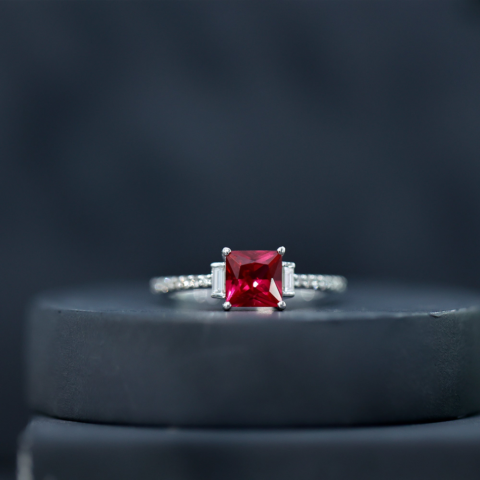 1.5 Carat Princess Cut Lab Created Ruby Engagement Ring With Diamond AAAA - Rosec Jewels