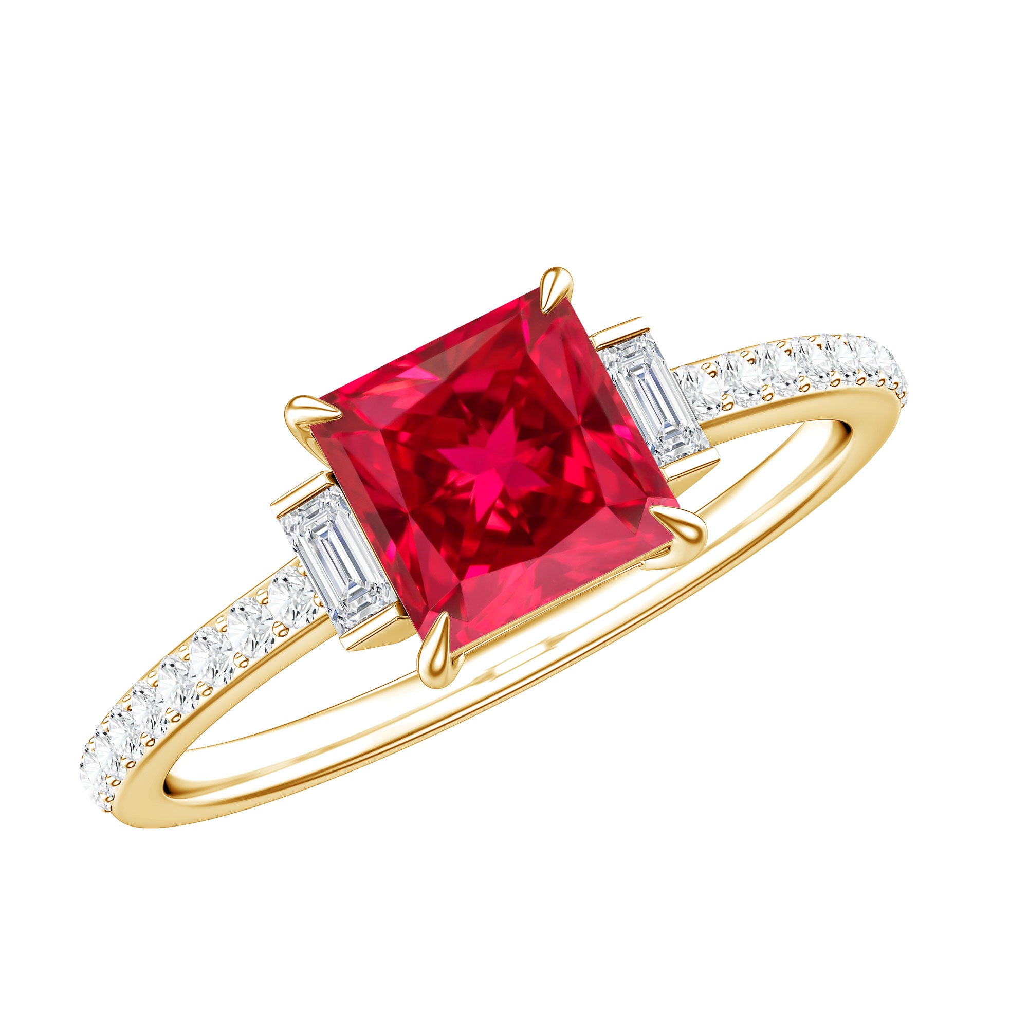 1.5 Carat Princess Cut Lab Created Ruby Engagement Ring With Diamond AAAA - Rosec Jewels