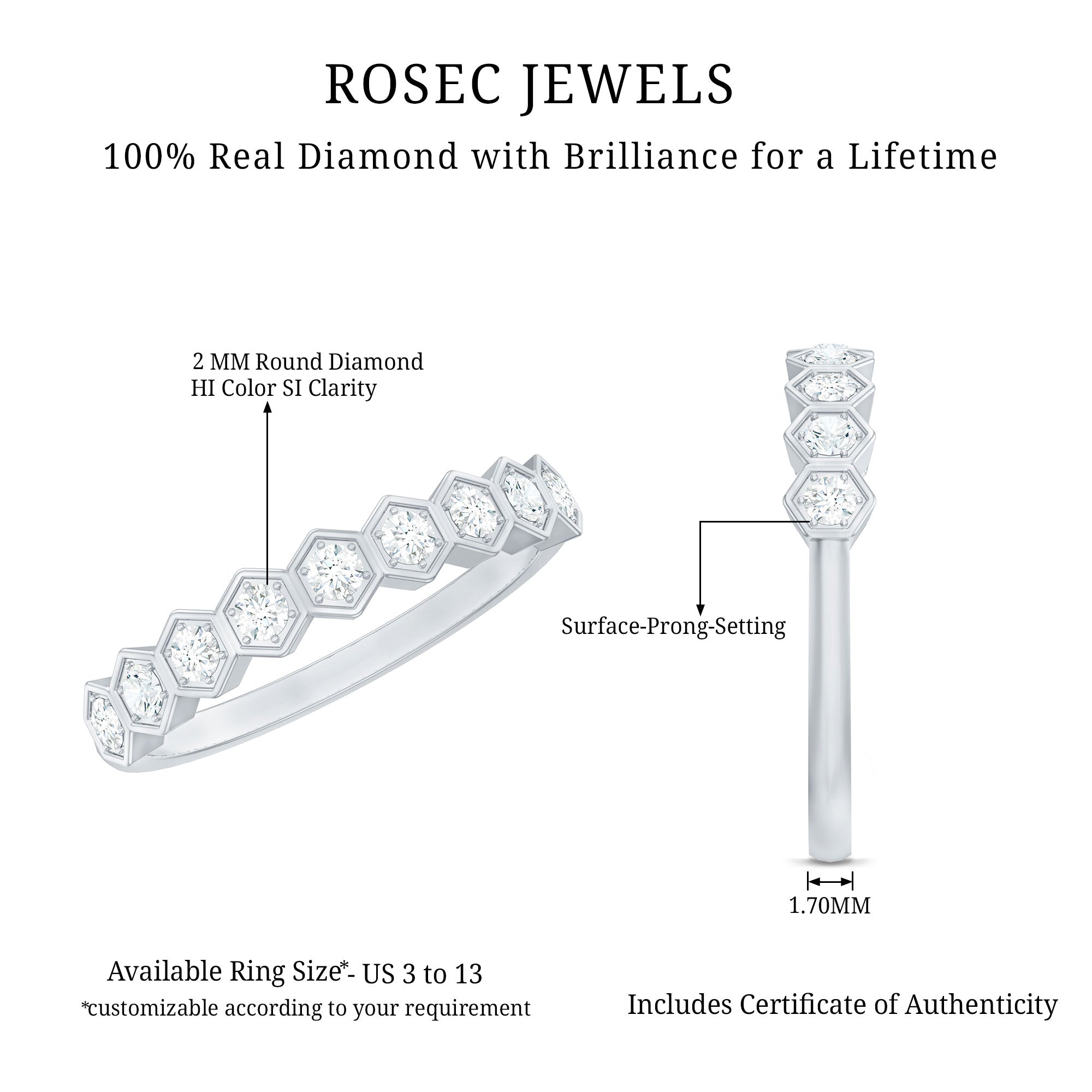 Real Diamond Hexagon Half Eternity Ring for Women Natural - ( HI-SI ) - Rosec Jewels